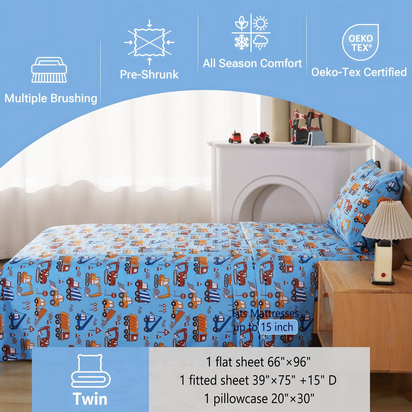 Softan Kids Bed Sheet Set, 3-Piece Twin Sheets Set, Microfiber Fitted Sheet with Corner Straps, Breathable & Silky Soft Blue Heavy Duty Vehicle Pattern Sheet and Pillowcase Sets