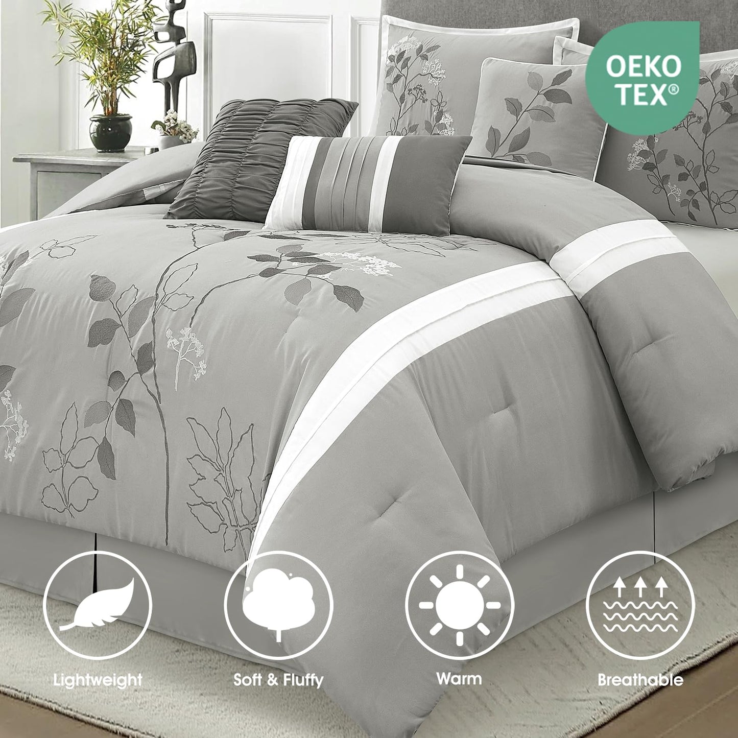 LANCO MODERN LIFESTYLE Grey Queen Comforter Set, 7 Pieces Bed in a Bag, Elegant Floral Leaves Embroidery, Soft and Lightweight All Seasons Bedding Set, Bedskirt, Pillow Shams, Decor Pillows