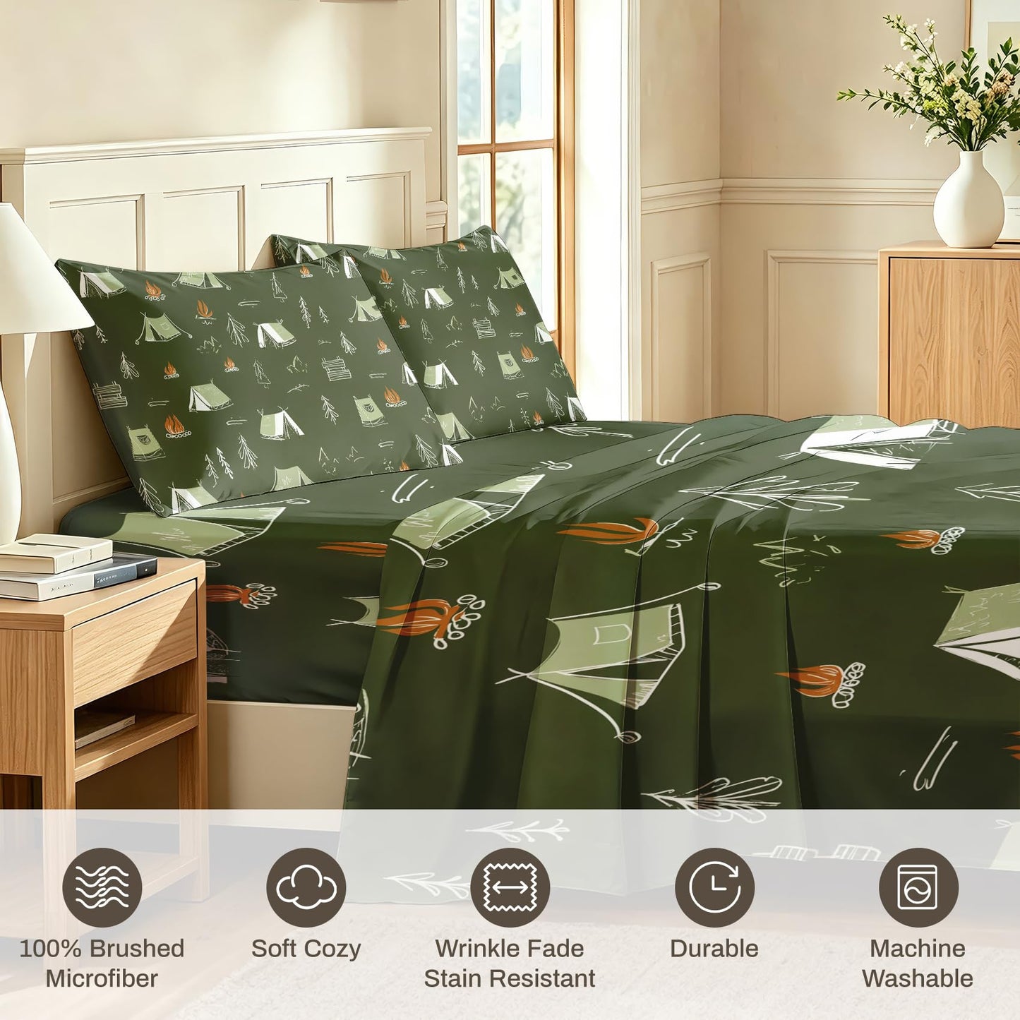 Camping Tent Twin Sheet Set Kids Flat Fitted Sheet Sets, Green
