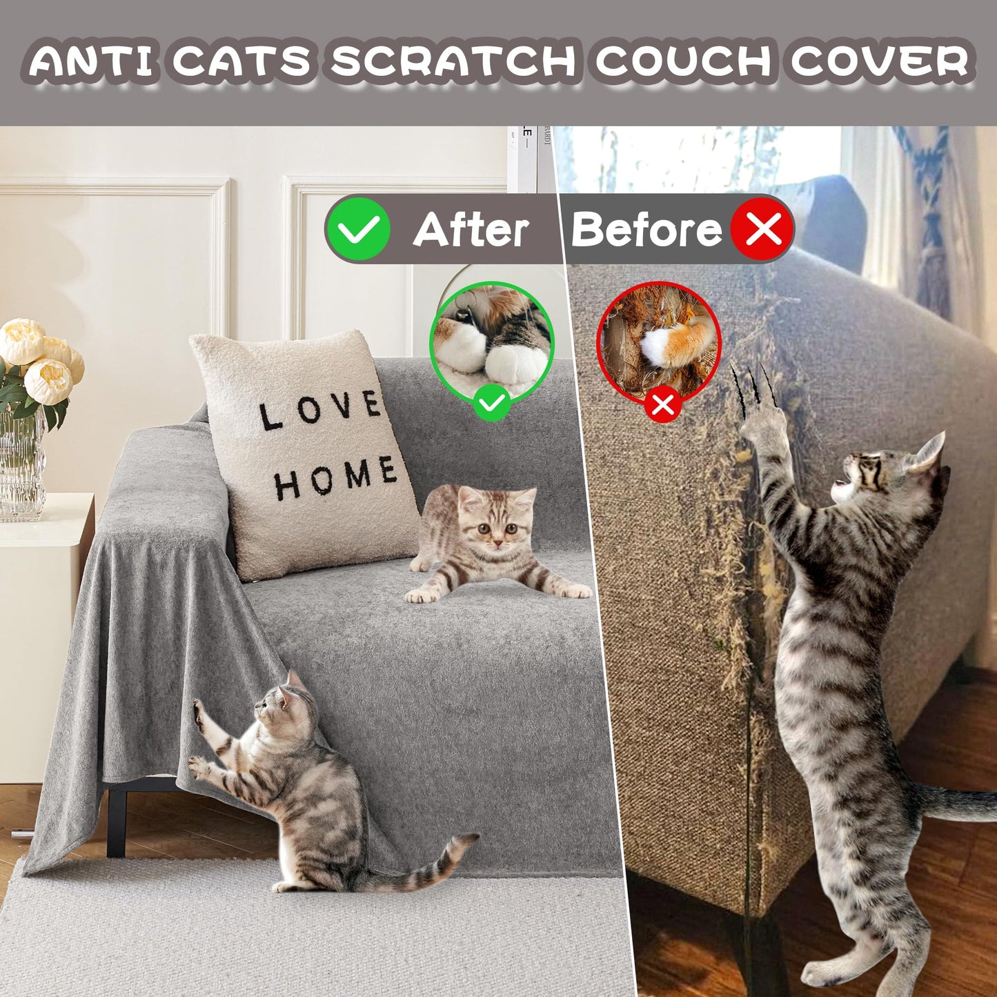 MYSKY HOME Couch Cover Sofa Cover for 2 Cushion Couch, Couch Covers for Dogs, Non-Slip Sofa Slipcover, Sofa Covers Washable, Couch Covers for Pets, Cat Scratch Furniture Protector, 71" x 118", Grey
