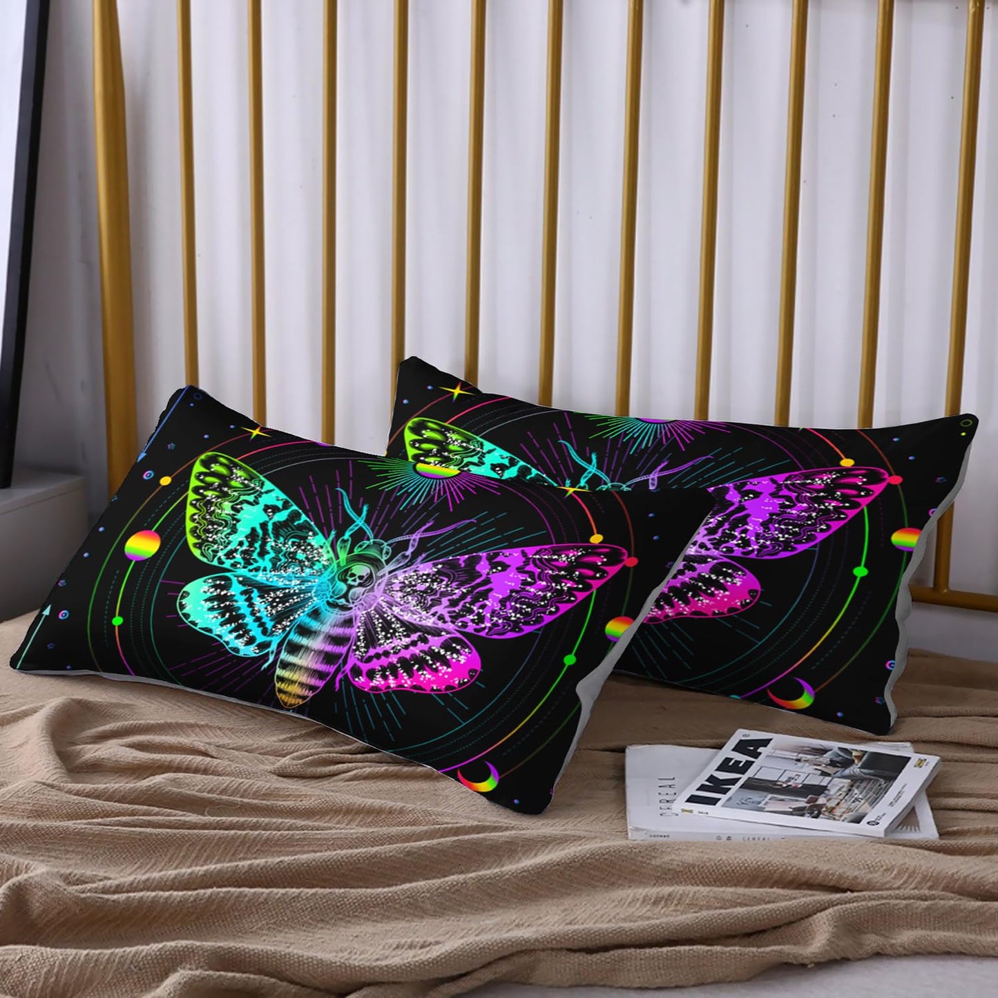 HOSIMA Moth Fitted Sheet Twin,Gothic Aesthetic Room Decor,Halloween Whimsigoth Bed Set Rainbow Stars Moon Boho Bedding,Death Moth Skull Bedding Sets for Girls Adults.