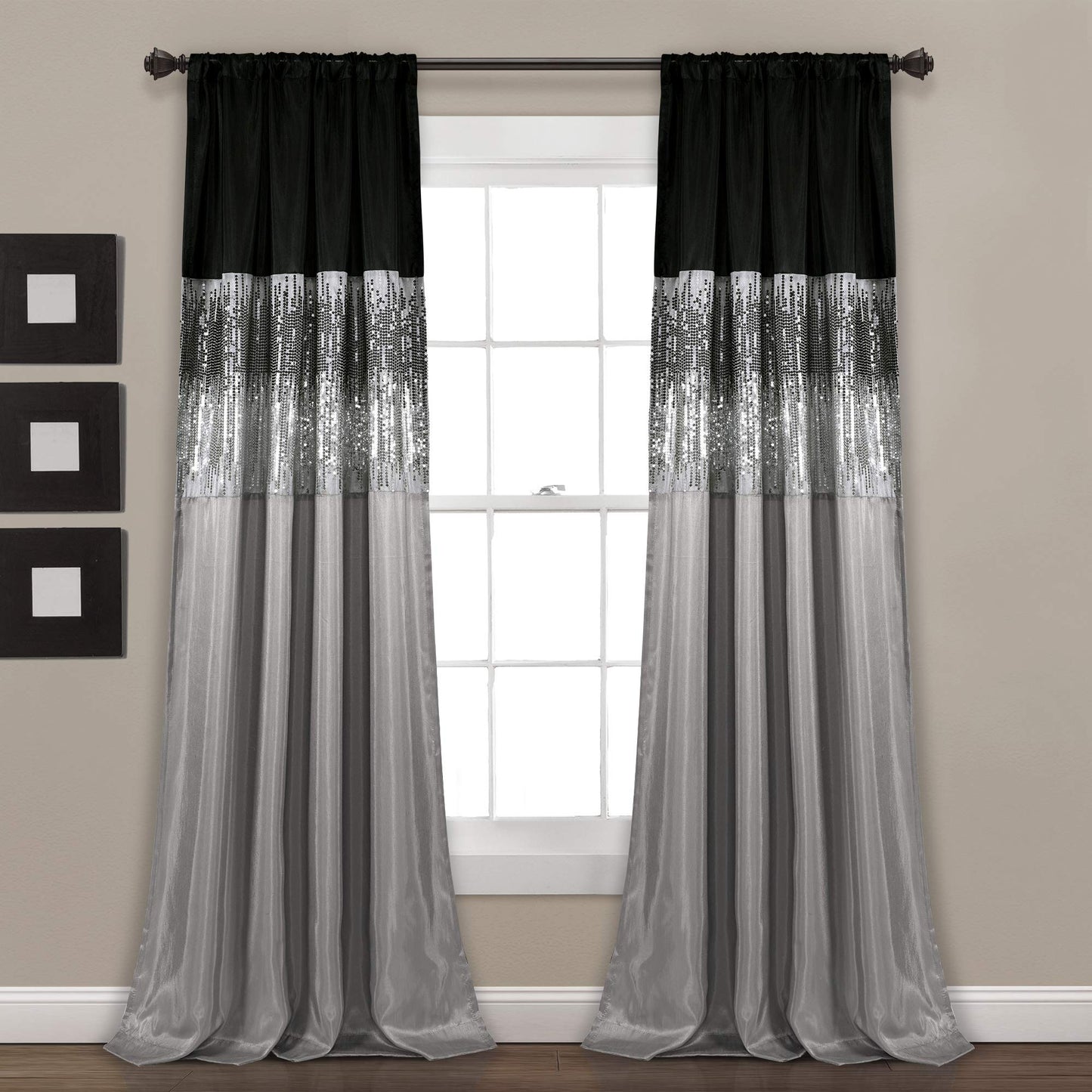 Lush Decor Night Sky Window Curtain Panel, Single 42"W x 84"L Black & Gray - Sequin Backdrop Curtain - Room Darkening Curtains For Bedroom - Glam Decor