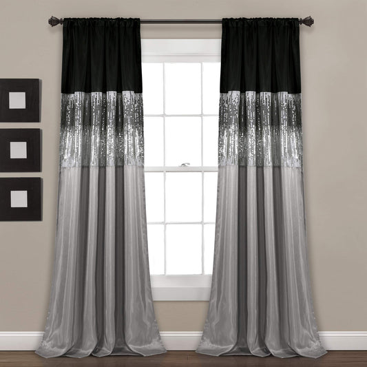 Lush Decor Night Sky Window Curtain Panel, Single 42"W x 84"L Black & Gray - Sequin Backdrop Curtain - Room Darkening Curtains For Bedroom - Glam Decor