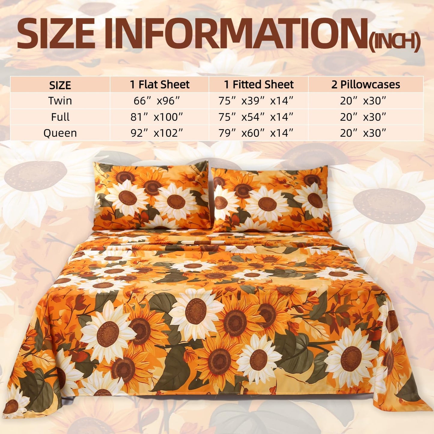 MAG 4Pcs Floral Queen Size Bed Sheets,Floral Microfiber Bedding Sheet Sets,Boho Yellow Sunflowers Pattern,included 1 Fitted Sheet 14''Deep Pocket + 1 Flat Sheet + 2 Pillowcases,Breathable and Wrinkle.