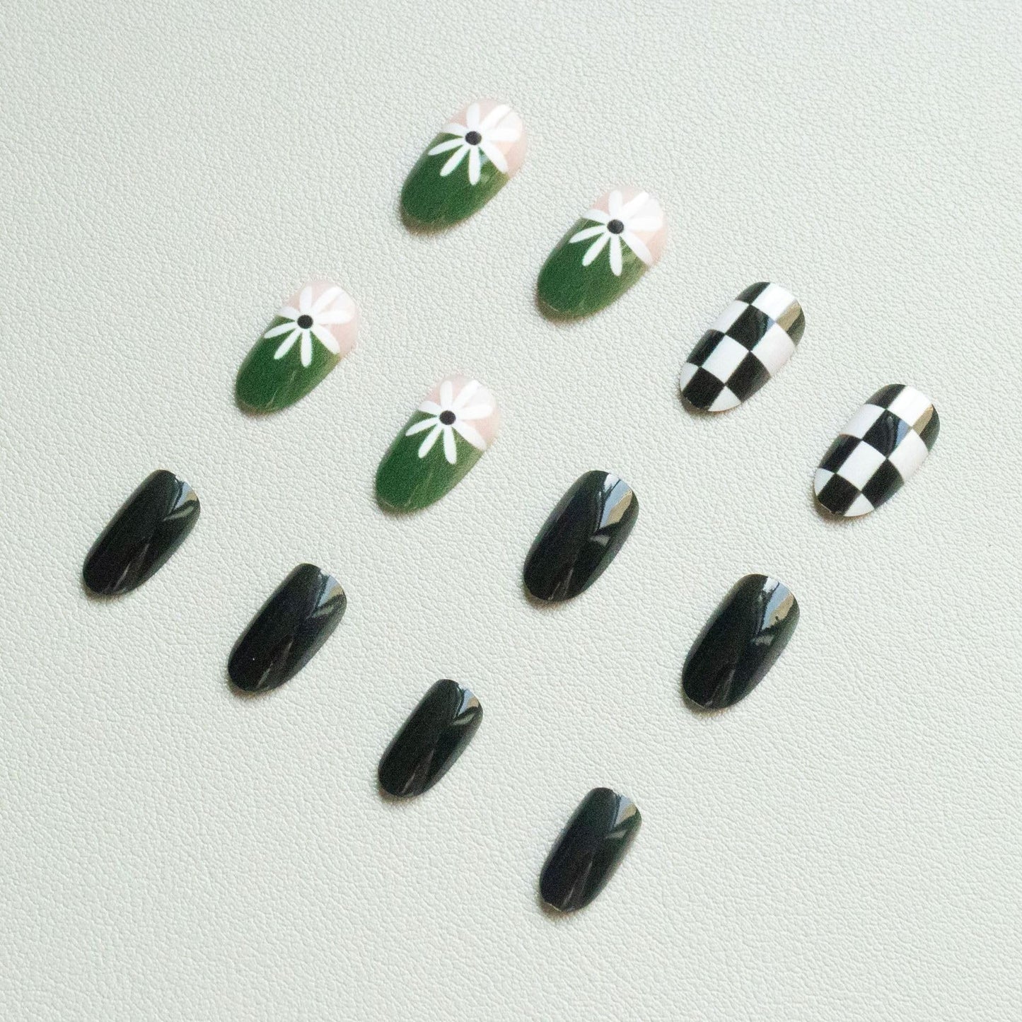 24Pcs Cute Press on Nails Short Oval Fake Nails with Flowers Checkered Leopard Print Stick on Nails Reusable Artificial Full Cover Glue on Nails Glossy Acrylic False Nails for Women