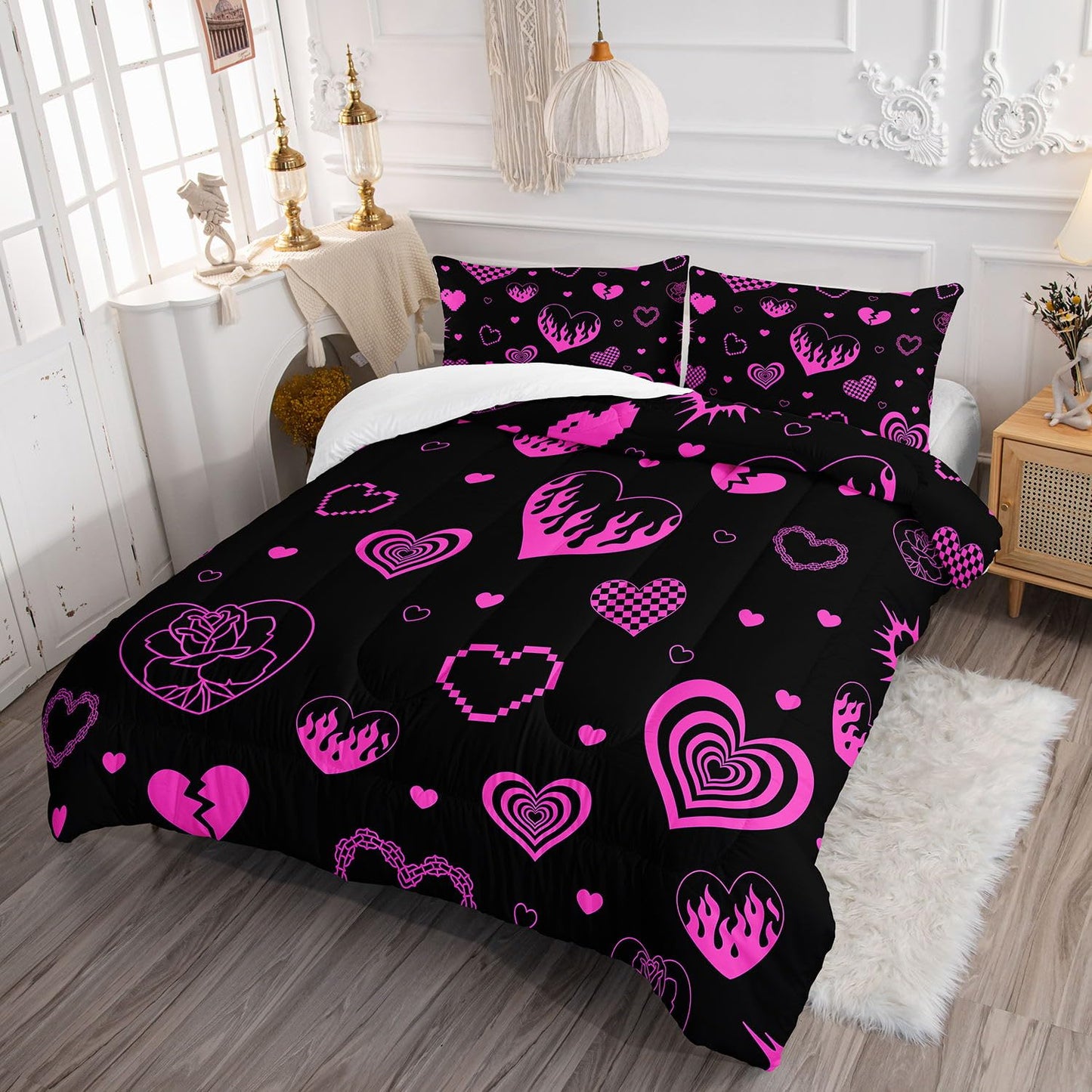 Smell Sunshine Heart Comforter Set Pink Rose Printed Bedding Set with 1 Comforter and 2 Pillowcases for Boys and Girls Bedroom All Season(Love Twin)