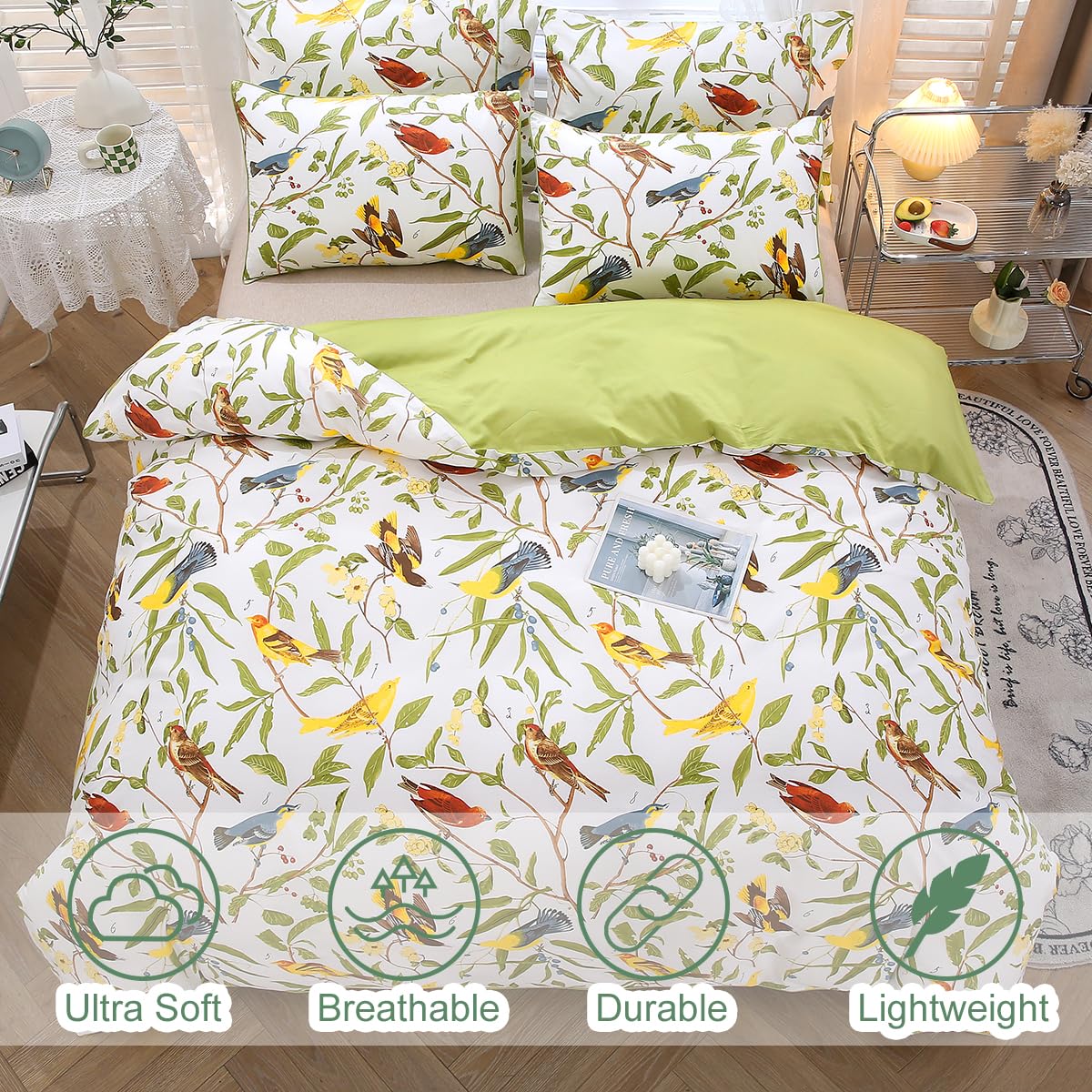 URBONUR Birds Duvet Cover Set Twin Size, 100% Cotton Cute Bird Comforter Fall Leaf Printed Bedding Set for Kids Children, Breathable Duvet Cover Sets Bedding 3 Pc