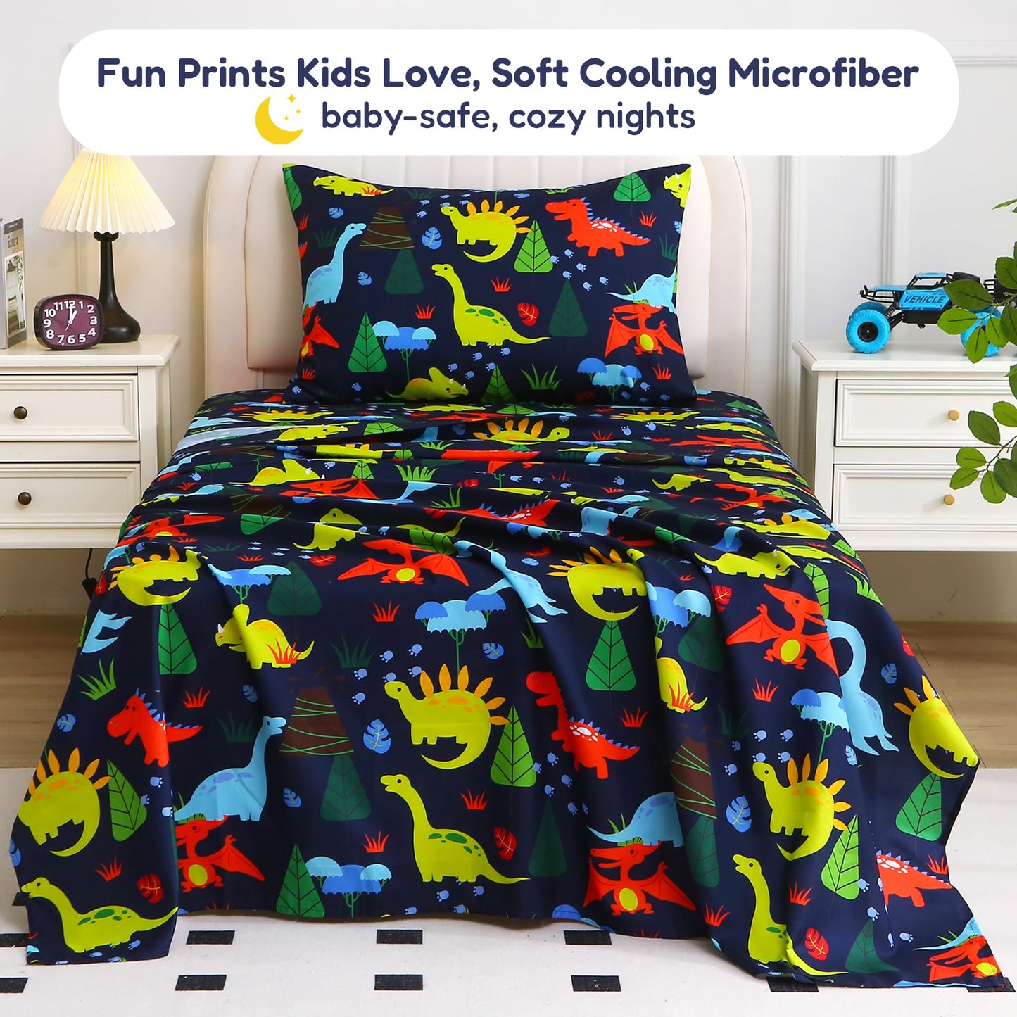 Softan Kids Twin Sheets Set, 3 Piece Dinosaur Bedding Set for Boys, Soft Breathable Microfiber with 15" Deep Pocket, Fitted Flat Sheet & Pillowcase