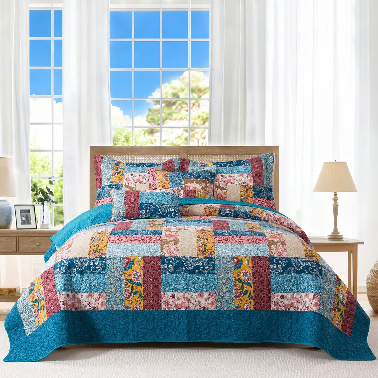 BEDIFANY Cotton Queen Quilt Set - Modern Farmhouse Bedspread with Vibrant Floral Pattern, 3-Piece Lightweight Coverlet (90x98 Inch) + 2 Pillow Shams, All Seasons Multicolor Quilt Bedding Set