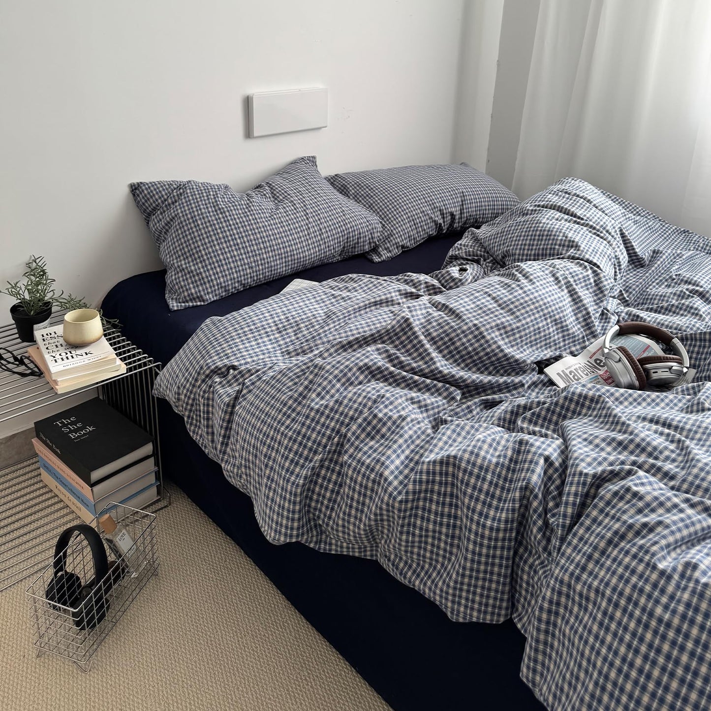 VM VOUGEMARKET Demin Blue Gingham Duvet Cover Queen 3 Pieces Neutral Plaid Grid Duvet Cover 100% Washed Cotton Comforter Cover with 2 Pillowcases Farmhouse Checkered Bedding Set