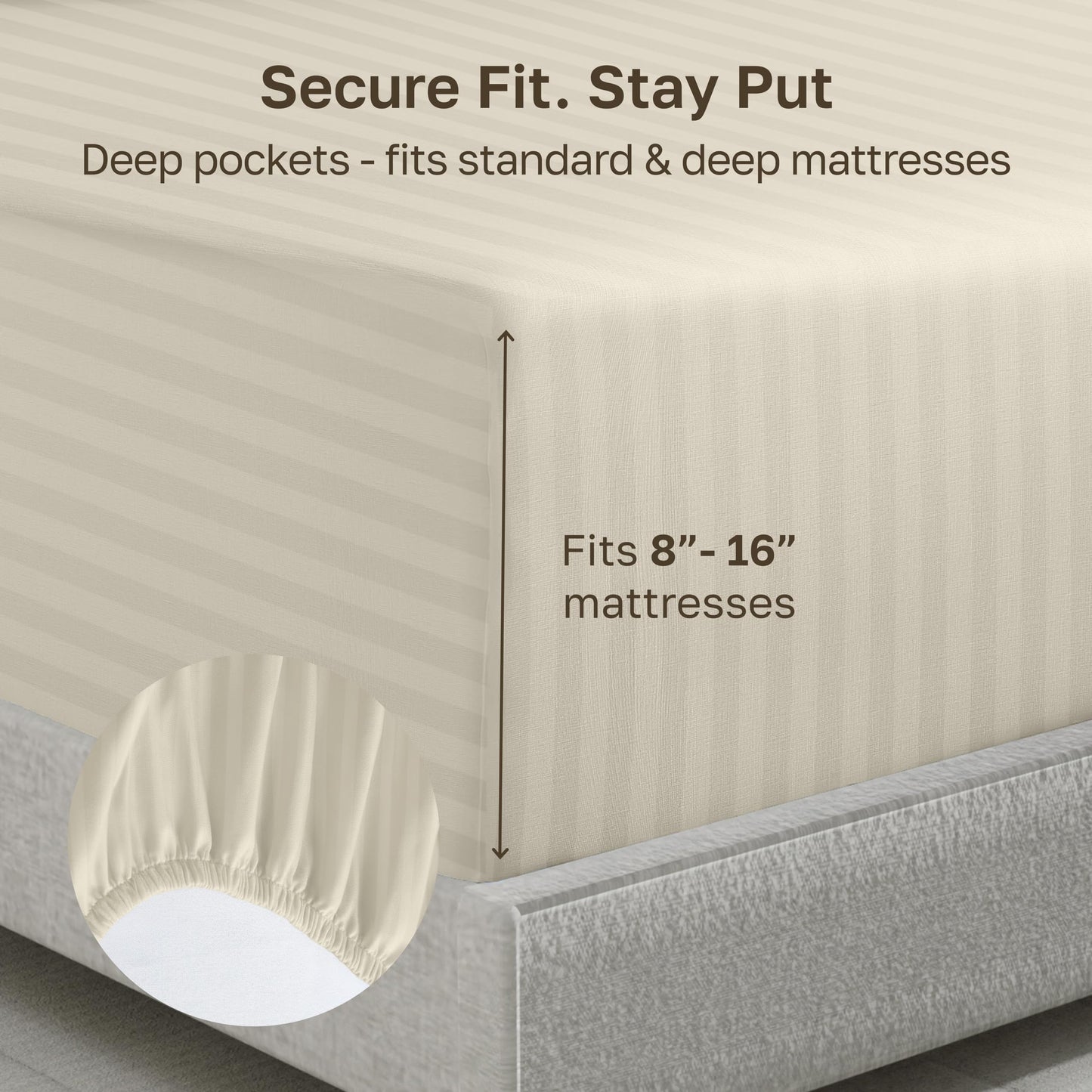 California Design Den Cotton Sateen Damask Stripe Queen Size Fitted Sheet Only - Soft 100% Cotton Sateen, Deep Pocket Bottom Fitted Sheet - Ivory