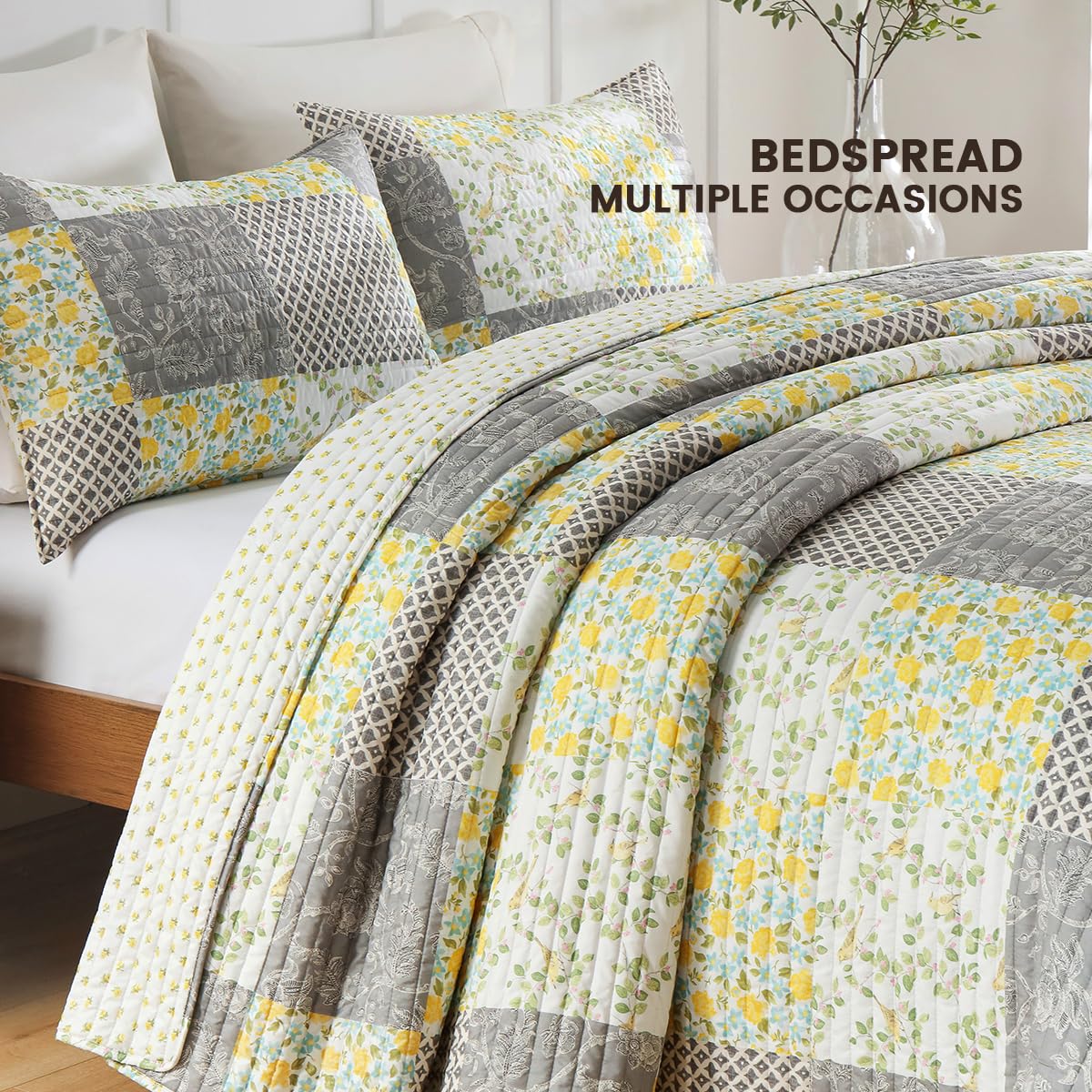 TEXSTEAD Quilt Set Queen Size Floral Patchwork Quilted, Soft Comforter Set Bedding Sets, Coverlet Bedspread Decorative Quilts with 2 Pillow Shams 90"x90"