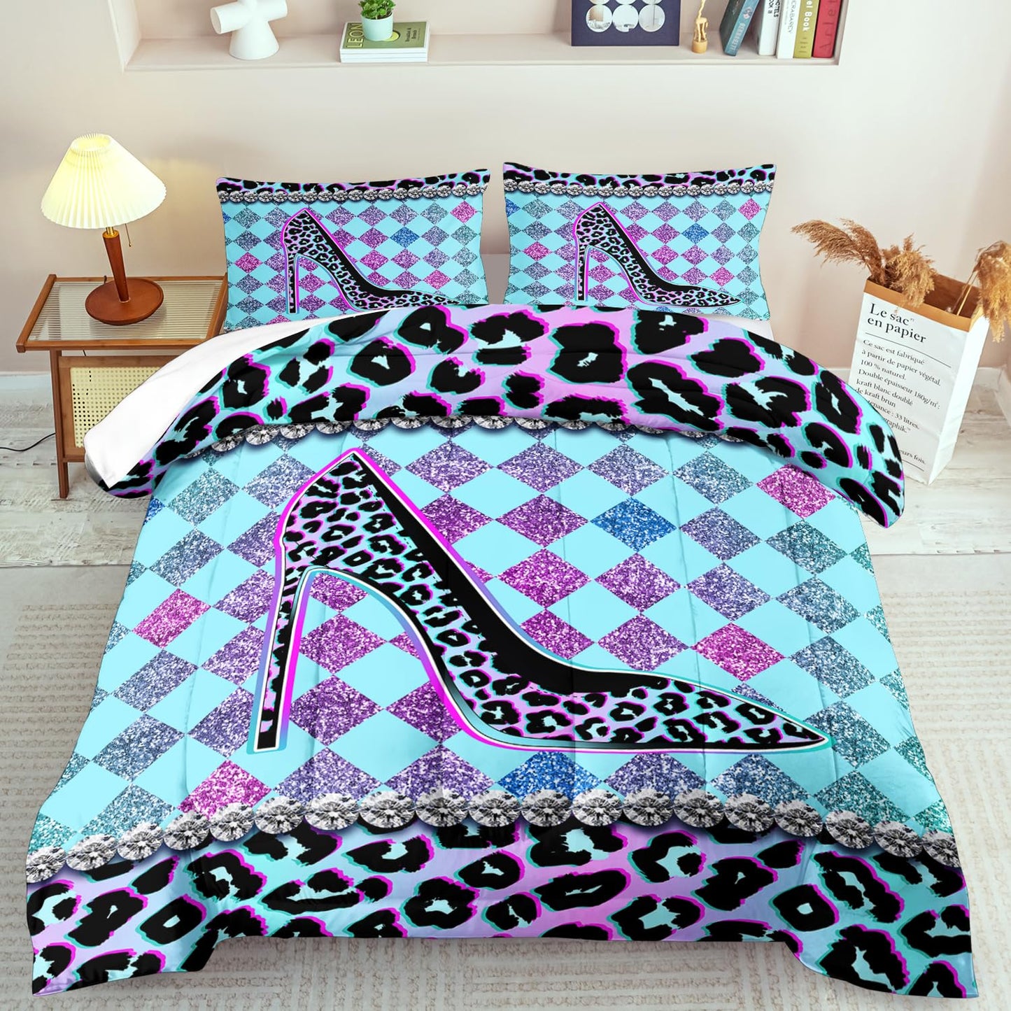 llyxsesty Rainbow Cheetah Print Comforter Set King Girls Sexy High Heels Leopard Print Bedding Set Women High Heels Leopard Comforter Quilt Bedroom Decor Animal Cheetah Bedding Bed Decor