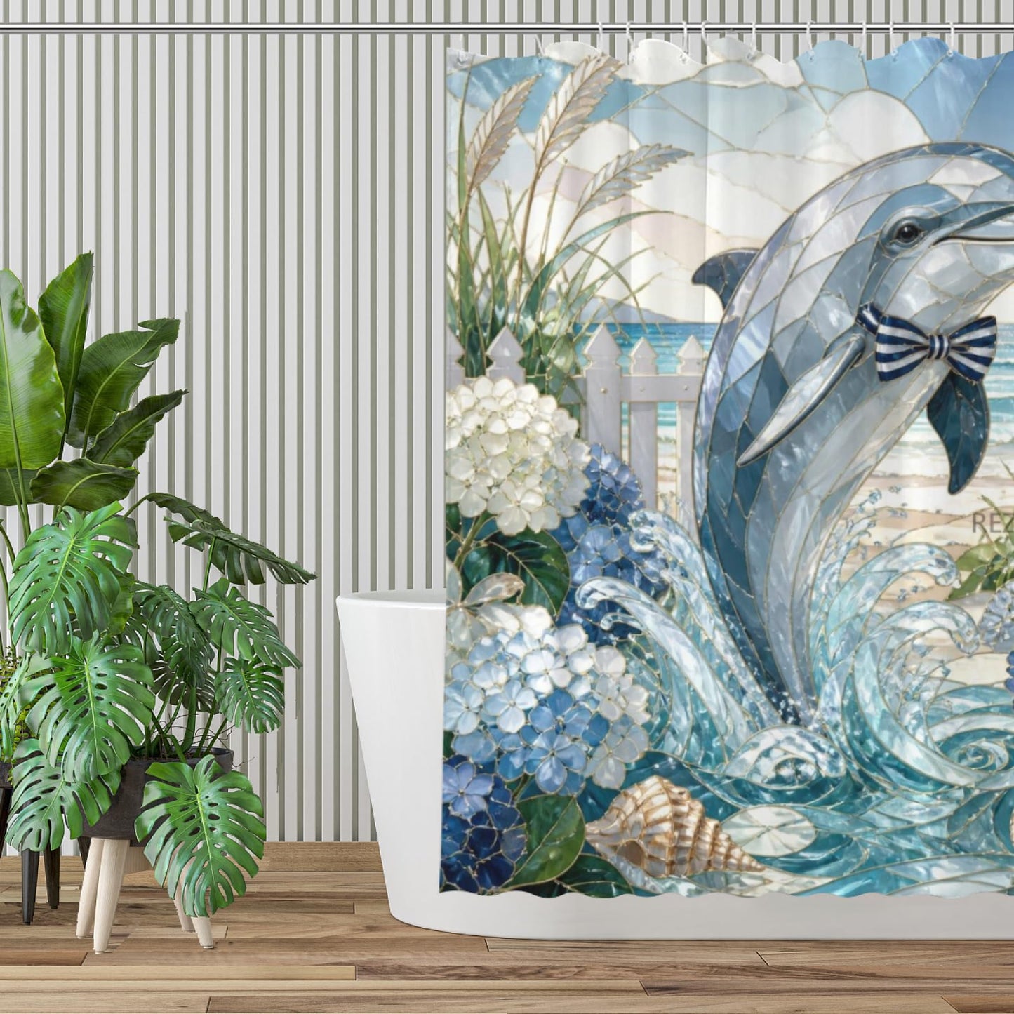 REZHOCH Coastal Fun Dolphin Shower Curtain 72x72Inch,Stained Glass Art Hydrangeas Flower Shells Picket Fence Bathroom Decor,Cute Animal Waterproof Bath Set Summer Beach Home