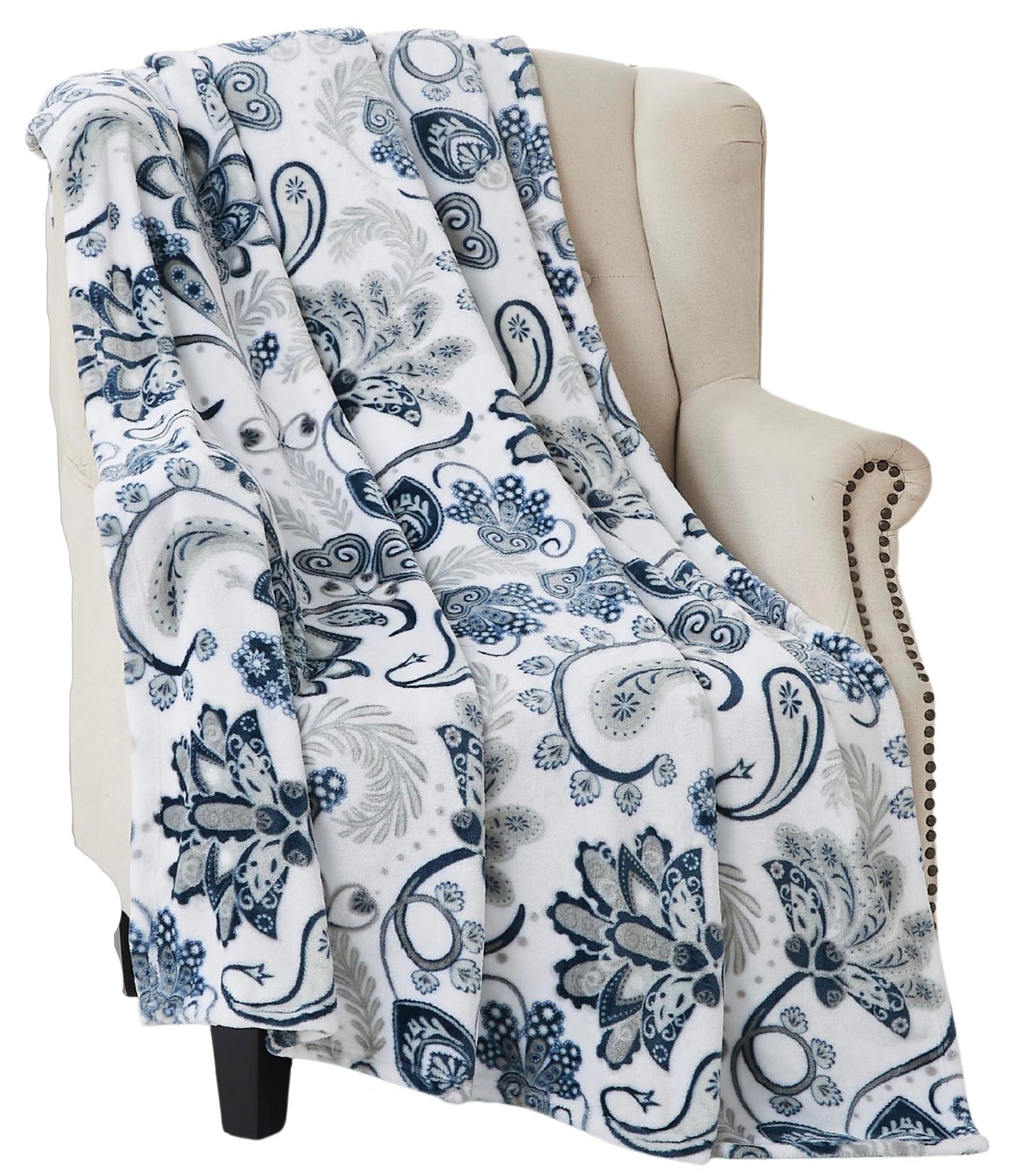 Serafina Home Throw Blanket: Velvety Soft, Durable Fleece Accent for Bed or Couch (Navy Damask and Paisley, 50 x 70 inches)