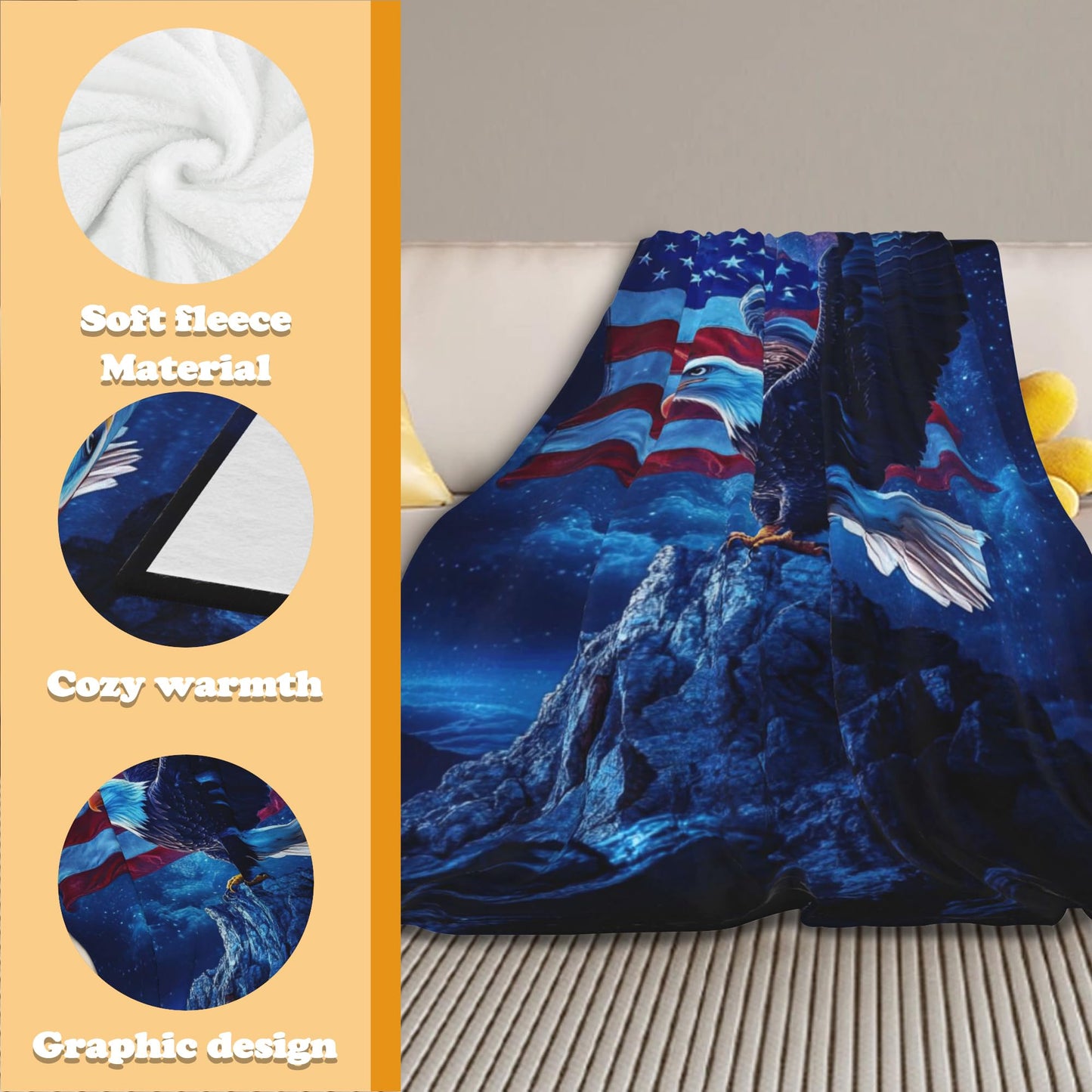 DKODKO American Flag Gifts Blanket - Eagle Throw Blankets, Independence Day Patriotic Decor Lightweight Blankets Easy Clean & Compact for Travel Camping,60''x 50''