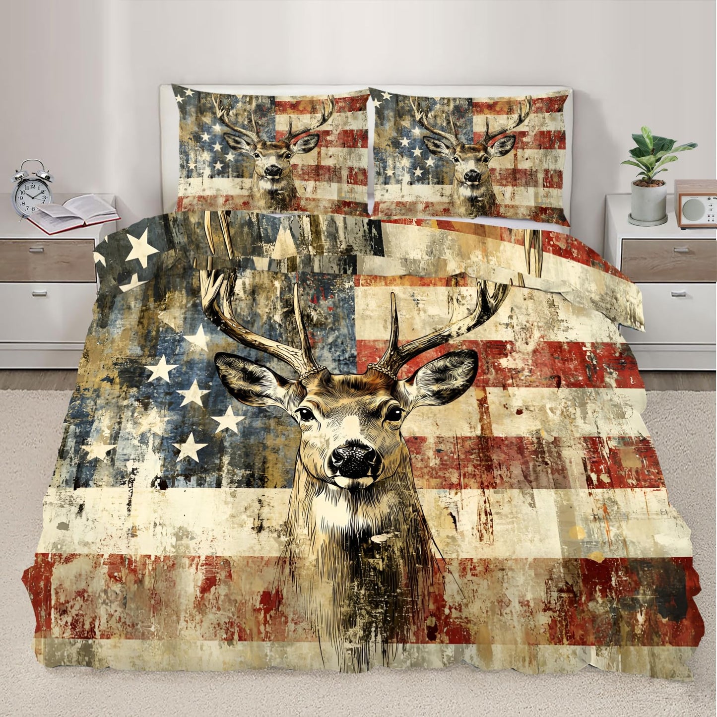 PAISUOQ Elk Duvet Cover Full, American Flag Bedding, Grunge Style Deer Comforter Cover with 2 Pillow Cases, 3 Pieces with Zipper & Ties, Bedroom Decor & Gifts
