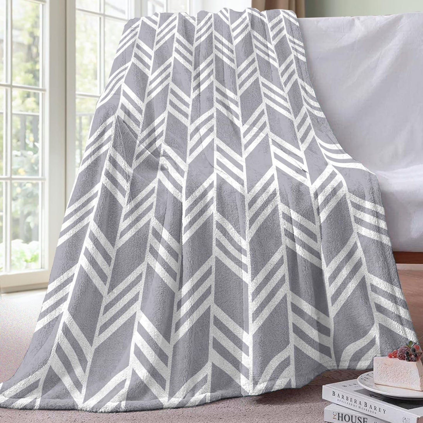 Paayna Grey White Geometric Flannel Throw Blanket, Herringbone Abstract Modern Art Gifts for Kids Men Women, Minimalist Contemporary Soft Blankets for Bedding Sofa 50" x 60"