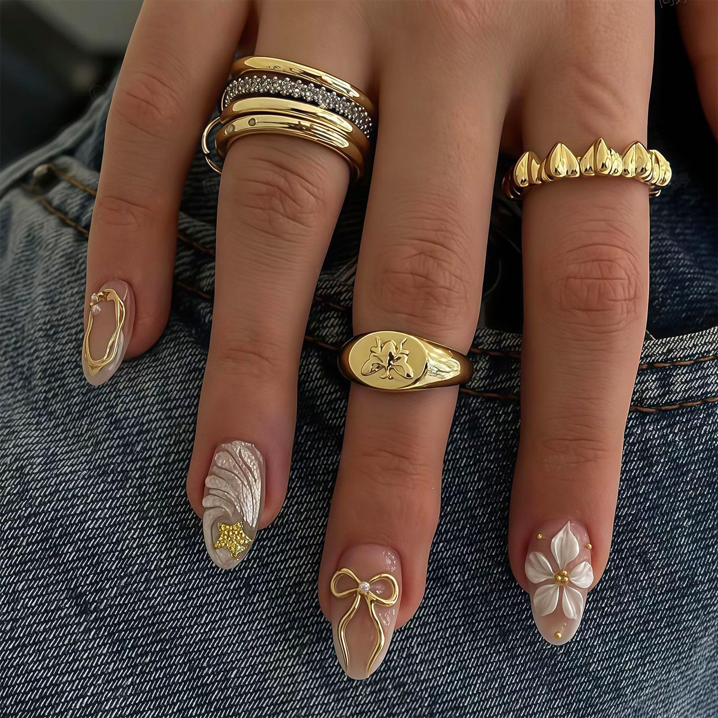 RUOKEXIN Almond Press on Nails Medium Fake Nails Nude False Nails with 3D Gold Bow Designs Full Cover Nail Press ons Sparkly Artificial Nails for Women 24Pcs