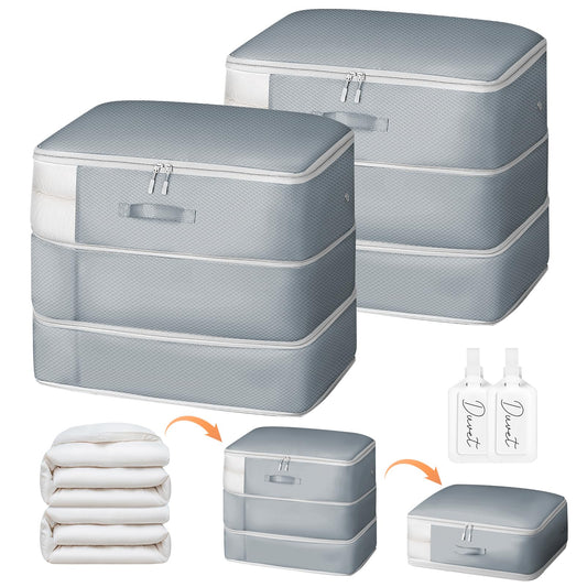 Easortm Comforter Storage Bag - Large Capacity Blanket Storage Bags 3-Layer Ultra Space Saving Self Compression Organizer, Washable Compression Bags for Storage Comforter Blanket, 2-Pack, Grey
