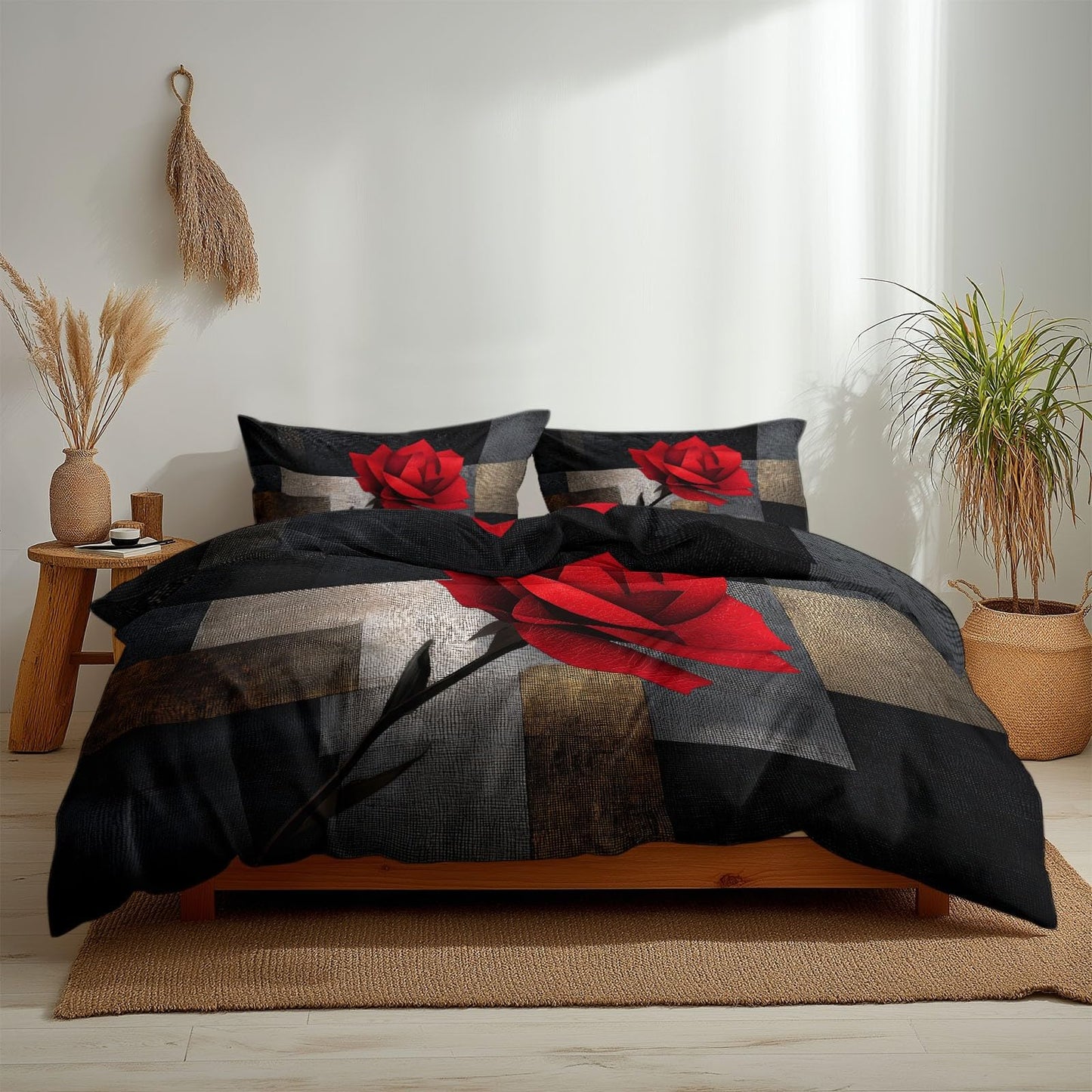 Super Soft Geometric Abstraction Duvet Cover Set Twin Size, Mosaic Leather Red Roses Bedding for Kids Boys Girls Teens - Breathable and Anti-Allergic Soft Comforter Cover 2 Pillow Shams