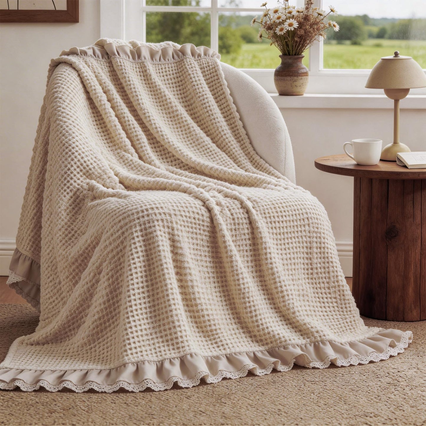 Tegeme Waffle Weave Blanket 43" x 63" 100% Cotton Neutral Boho Farmhouse Woven Knitted Beige Throw with Ruffles Warm Soft Cozy Throw Blanket Decorative Breathable for Couch Bed Sofa