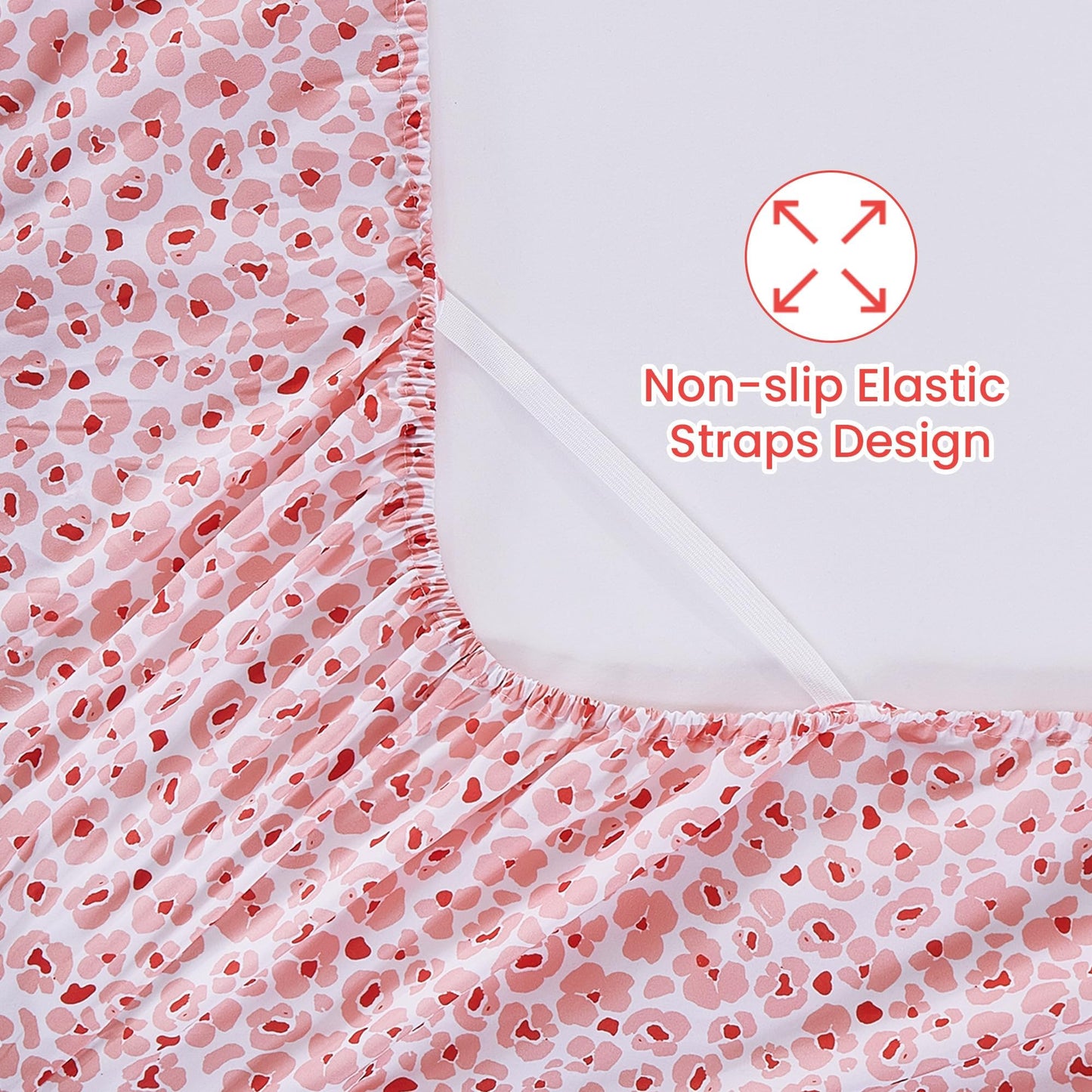Softan Pink Floral Full Sheet Set, Cozy Microfiber Leopard Printed Fitted Bed Sheet with 15" Deep Pockets & Non-Slip Straps, Cute Girls Patterned Double Sheets & Pillowcase Set