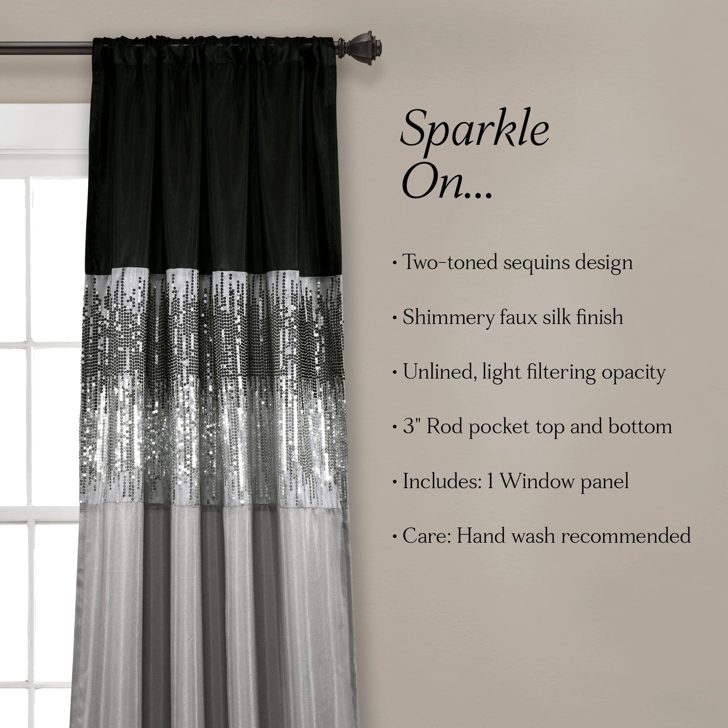 Lush Decor Night Sky Window Curtain Panel, Single 42"W x 84"L Black & Gray - Sequin Backdrop Curtain - Room Darkening Curtains For Bedroom - Glam Decor