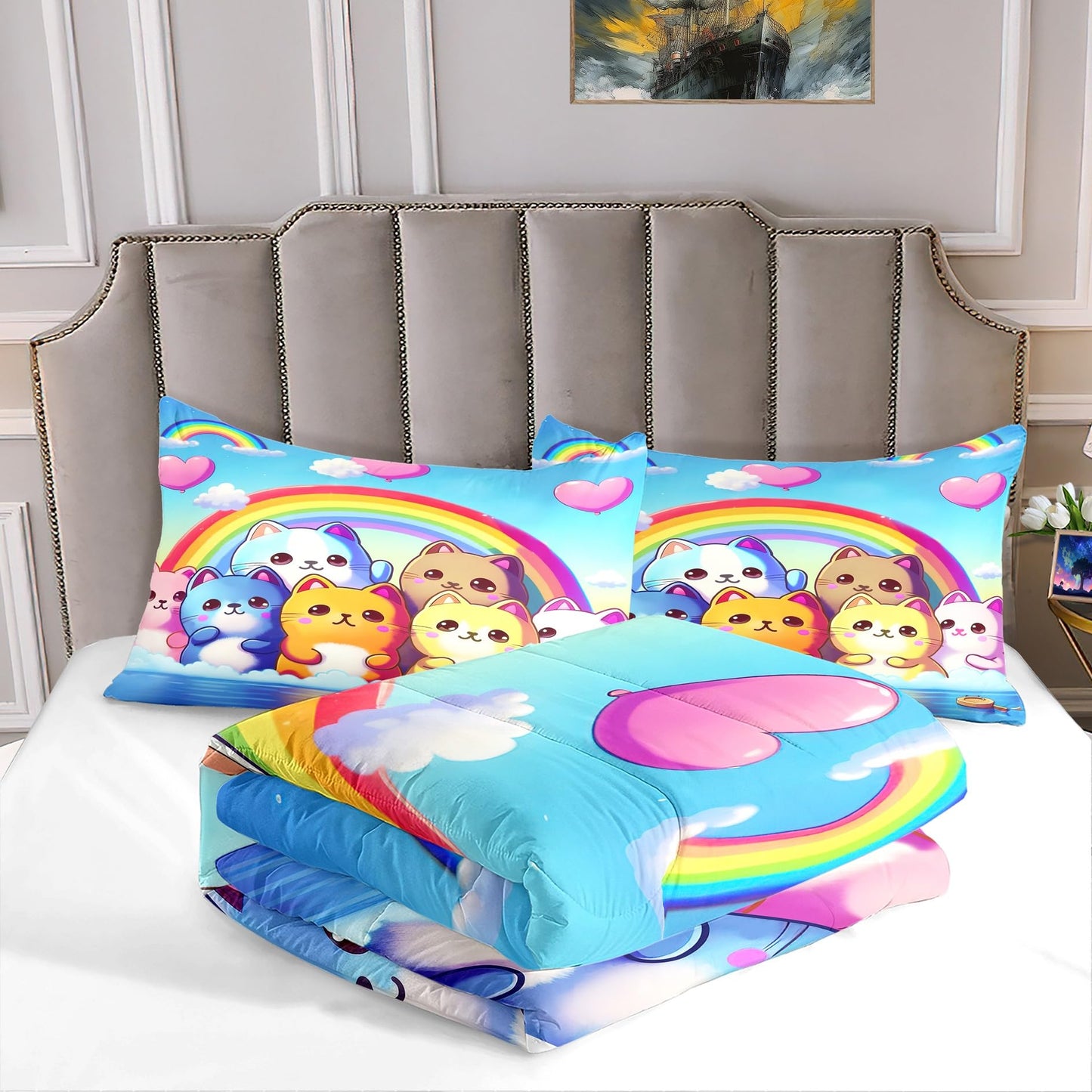 Jiospet Rainbow Cat Comforter Full Size - Rainbow Cat Bedding for Girls Room Cute Cartoon Rainbow Bedding Full Comforter Sets for Kids, 1 Comforter+2 Pillowcases