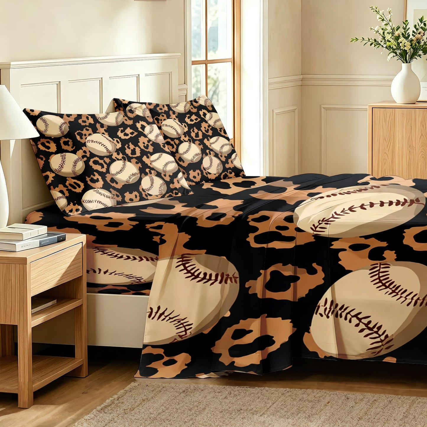 Baseball Queen Sheet Set 4 Pcs Boys Sports Bed Sheets, Black