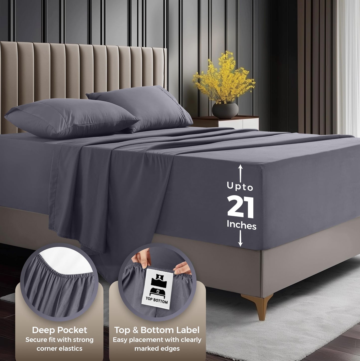 Utopia Bedding King Size Extra Deep Pocket Sheet Set – Fits Mattresses Up to 21 inches – Cooling, Soft & Breathable – Oeko-Tex 4 Piece Bed Sheets (Grey)