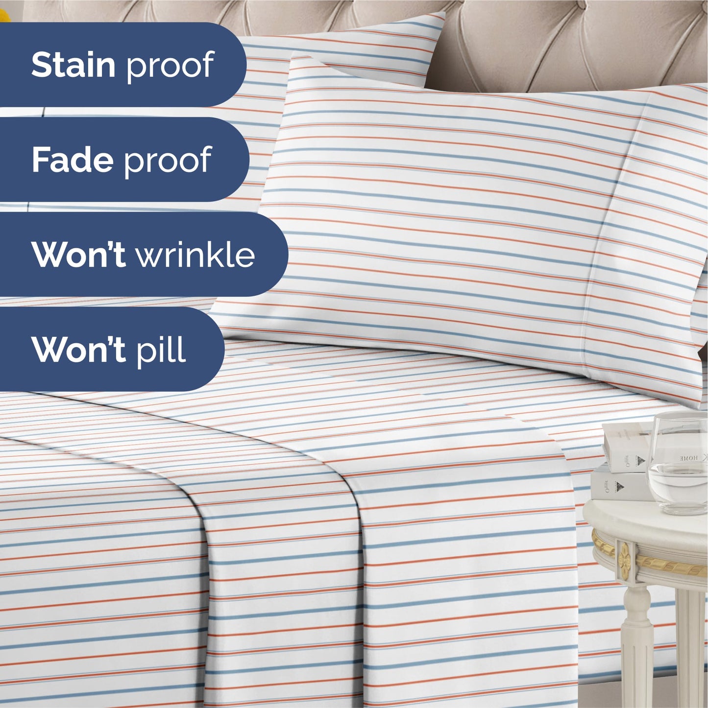 Striped Sheets - Red & Blue Striped Sheets - 1 Flat & 1 Fitted & 2 Pillowcases w/ Deep Pockets – Wrinkle & Fade Free - Ultra-Soft, Breathable & Cooling – Luxury Pinstripe Bedding - Queen Size Bed Set