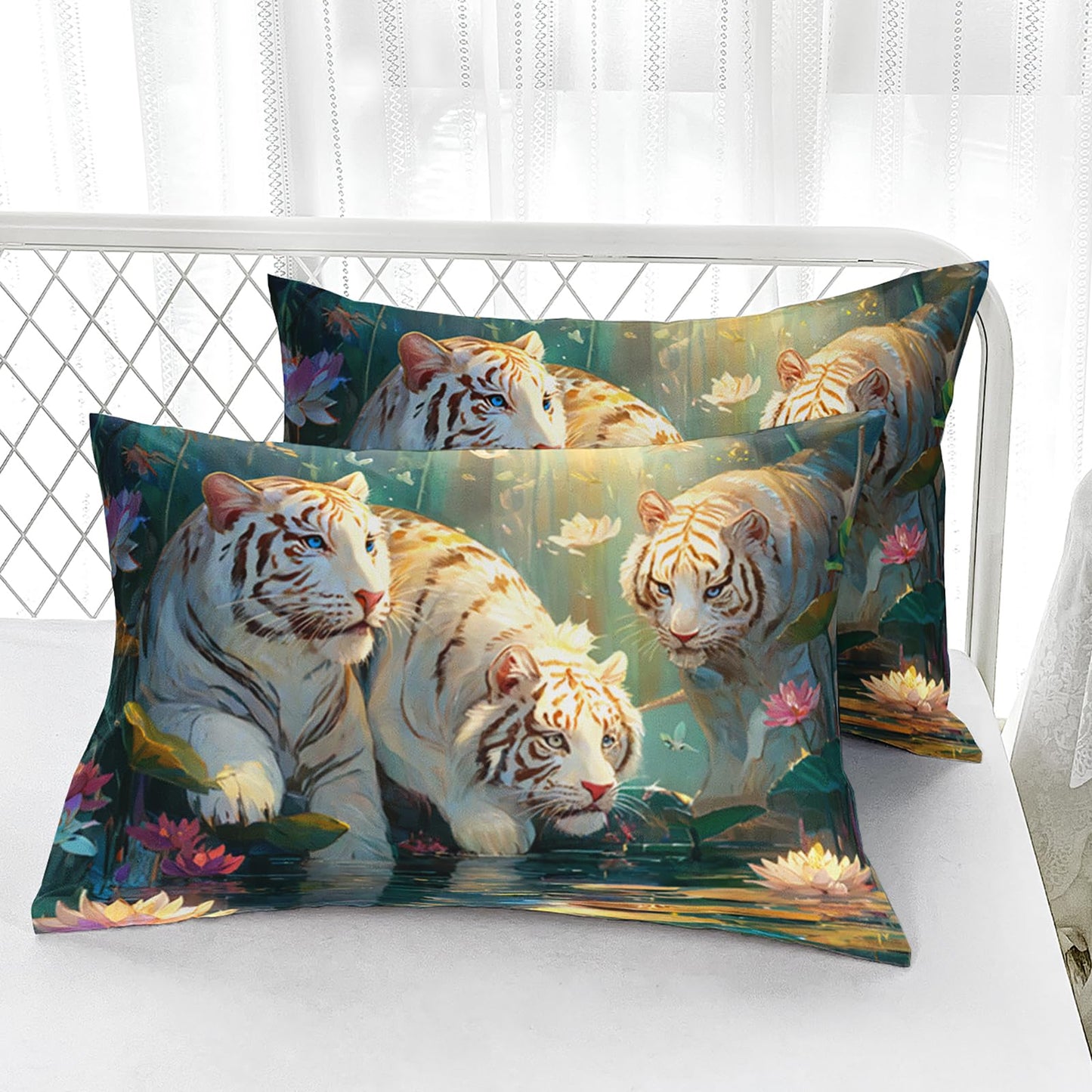 AILONEN White Tiger Twin Size Fitted Sheet Set,Cute Tiger & Pink Lotus Bedding Set for Kids Girls,3-Piece Beautiful Forest Floral Wildlife Fitted Sheet + 2 Pillowcases