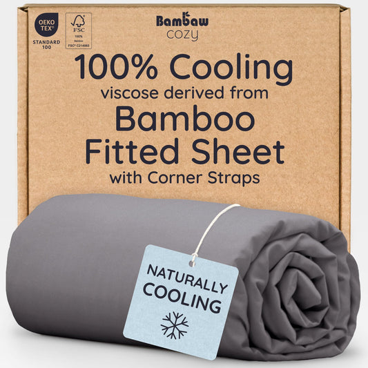 Bambaw 100% Viscose Derived from Bamboo Fitted Sheet, Cooling Fitted Sheet King Size, 16’’ Deep Pocket King Size Fitted Sheet Only, Soft King Fitted Sheet with Elastic Corner Straps (Dark Gray)