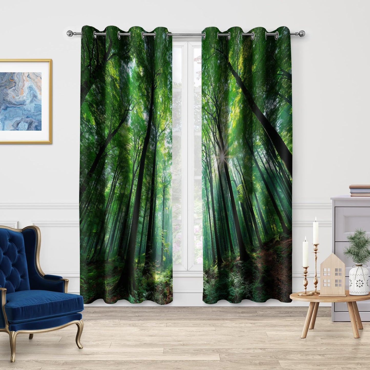 Jekeno Forest Blackout Curtains 84 Inch Length Deep Green Tall Trees Landscape Print Room Darkening Grommet Drapes for Living Room Bedroom Woodland Cabin 2 Panels Set (52x84 Inch)