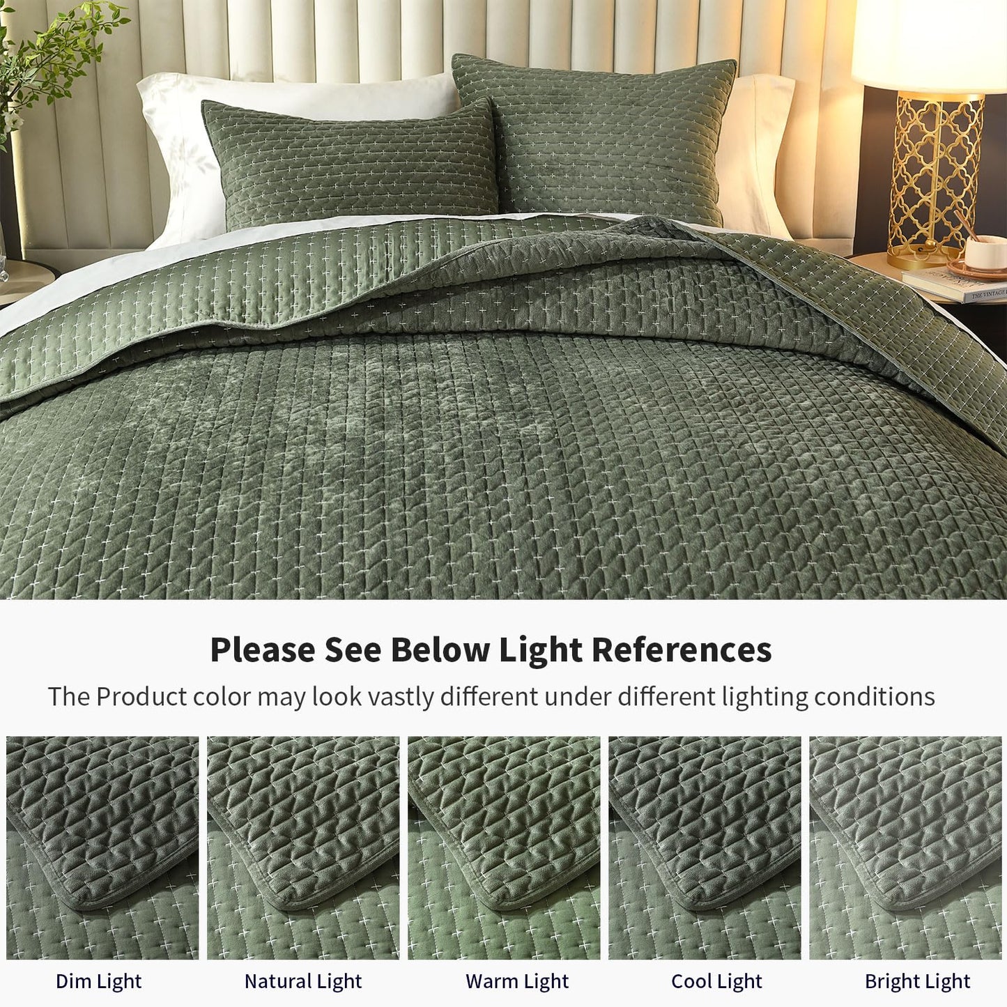 Grassix Velvet Quilt Set Queen Size, 3 Pieces Cross Stitch Bedspread Coverlet with 2 Shams for All Season, Lightweight Comforter Bedding Set, Army Green, 90"x96"