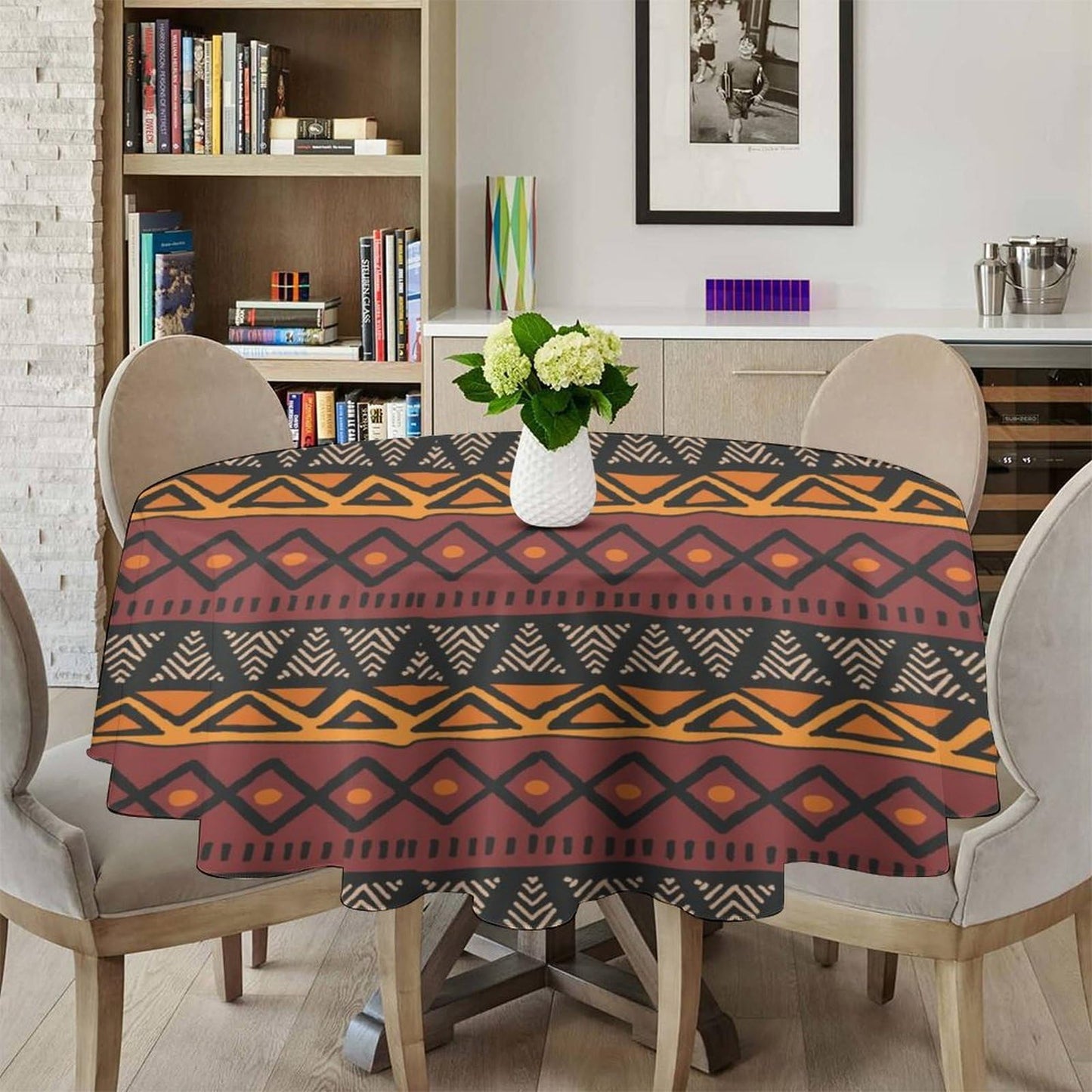 Yearn Jear African Round Tablecloth Traditional Stripe African Folk Pattern Abstract Print Ethnic Table Cover Washable Polyester for Kitchen Dinning Holiday Party Home Decoration 36inch