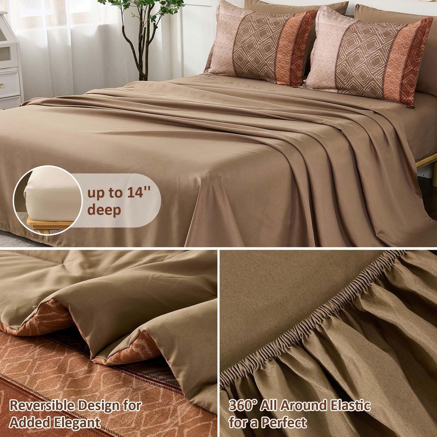 Dinjoy Boho Queen Comforter Set Red Brown,Lighrweight 7 Piece Bed in a Bag Queen Size Warm Striped Bedding Sets with Plaid Comforters Bed Set with Sheets for Family All Season