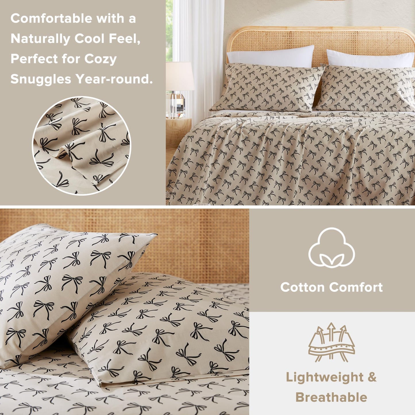 Comfort Spaces 100% Cotton Sheets Full, Breathable, Naturally Cool Cotton Sheets, Soft Cotton Bed Sheets with 14" Elastic Pocket Fits up to 16" Mattress, All Seasons Sheet Set, Bow Black/Taupe 4 Piece