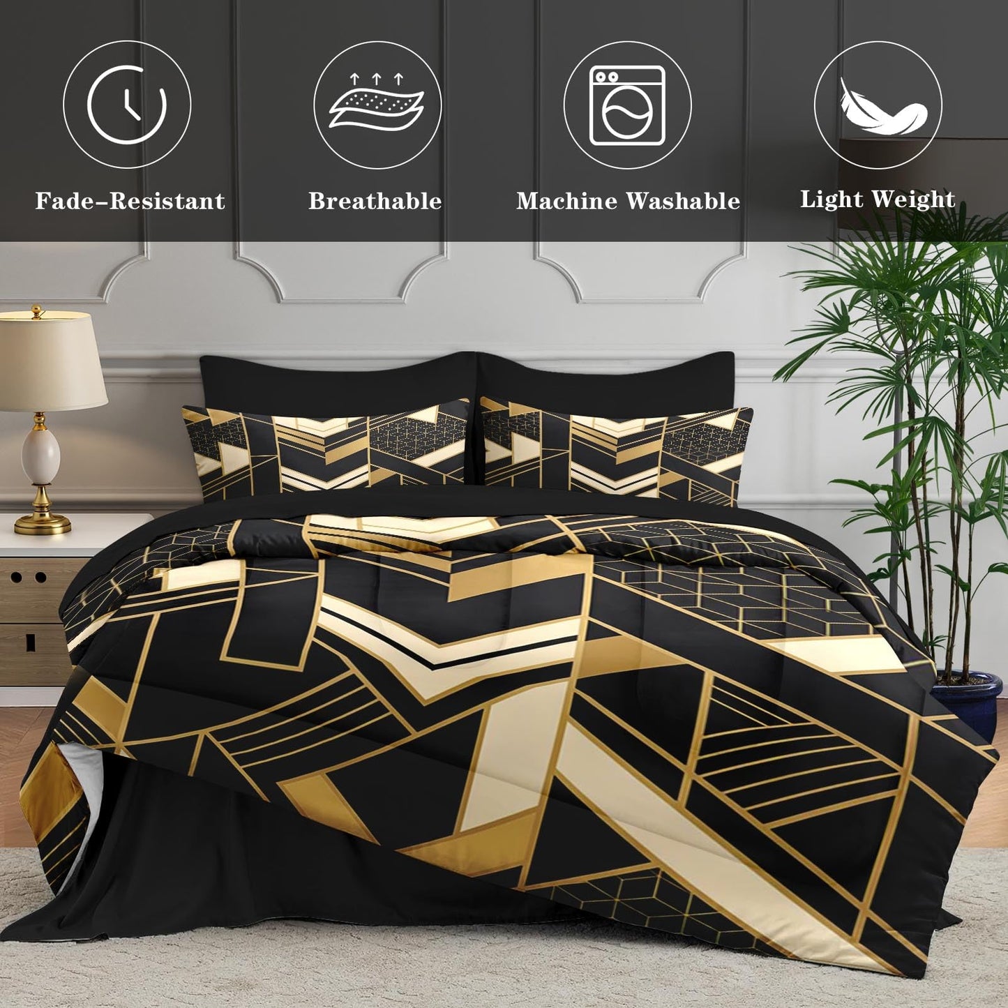 WeCozy Full Size Comforter Set with 2 Pillowcases & 2 Shams, Geometric Gold Black 7 Pcs Bedding Set for Kids and Adults, Modern Abstract Bed in a Bag with Flat Sheet and Fitted Sheet