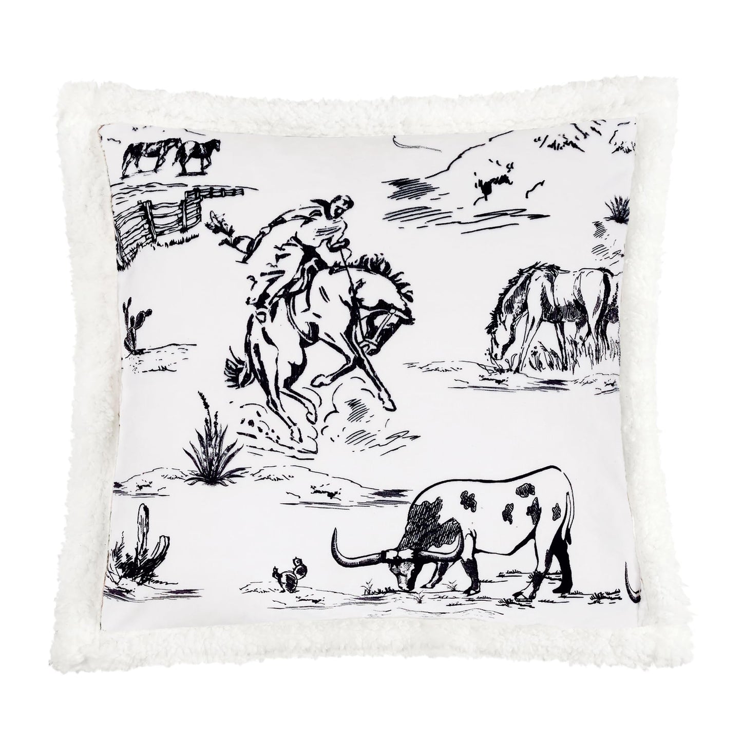 Paseo Road Indigo Hill by HiEnd Accents Ranch Life 3 Piece Sherpa Throw Blanket Set, White Black Cowboy Cow Longhorn Horse Print Fleece Throw Set, Western Rustic Style, 1 Throw and 2 Pillows