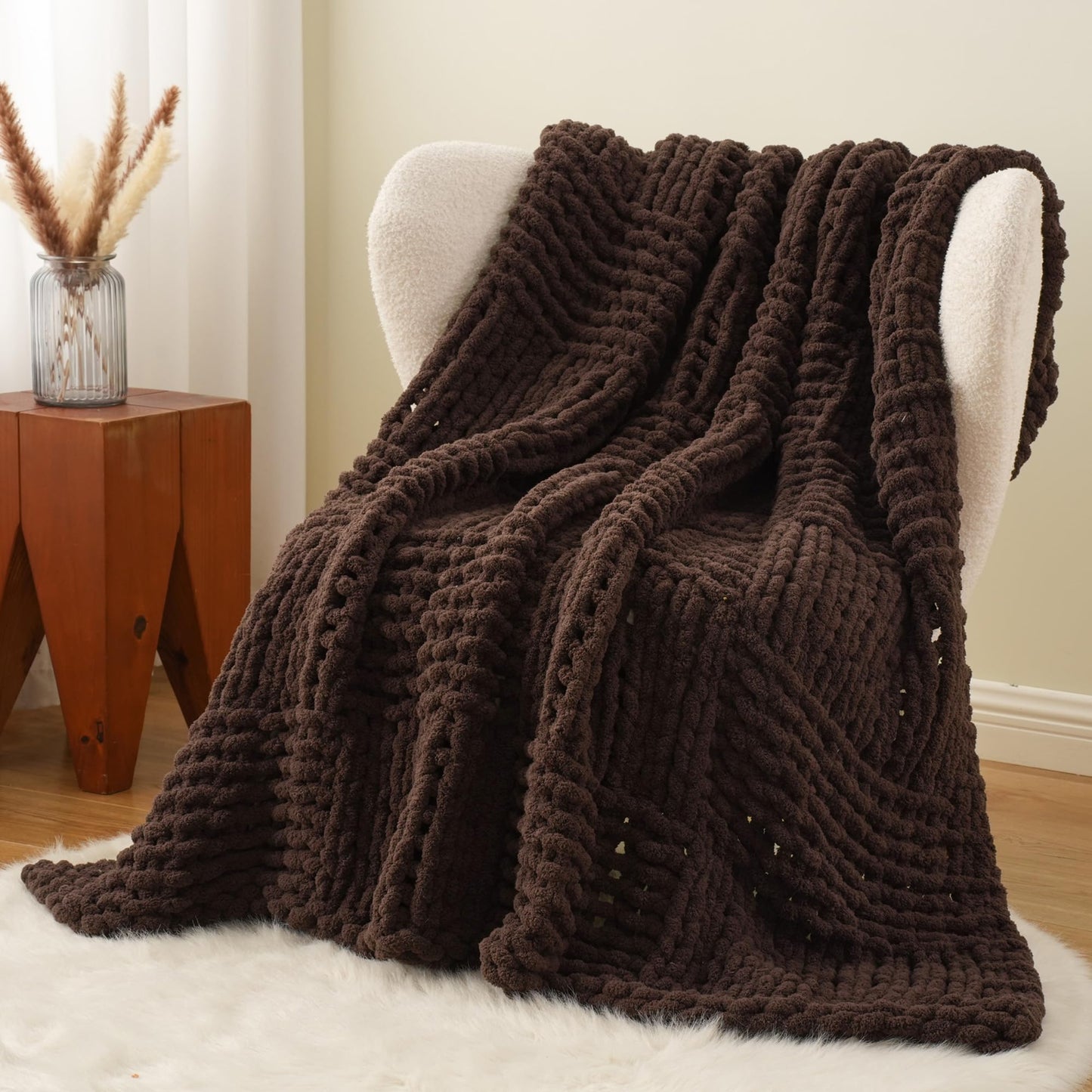 Bunnikins & Clover Dark Brown Throw Blanket for Couch, Chunky Knit Chocolate Throw Blanket for Bed, Chenille Brown Blanket for Home Decor, 50"x60"