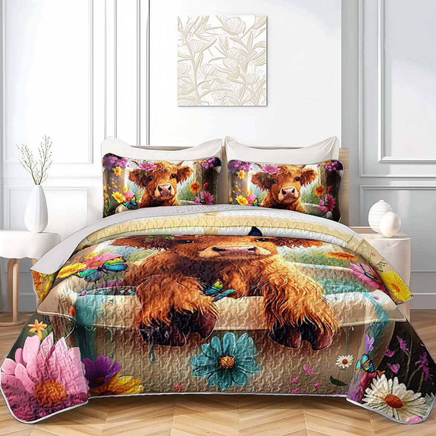 XYNHML Kawaii Farmhouse Cow Quilts Bedding Twin 3Pcs Western Funny Animal Highland Cattle Quilt Bed Set Lightweight Soft Bedspreads Coverlet with 2 Pillowcases for Kid Boy Girl Teen Adult Bed Decor