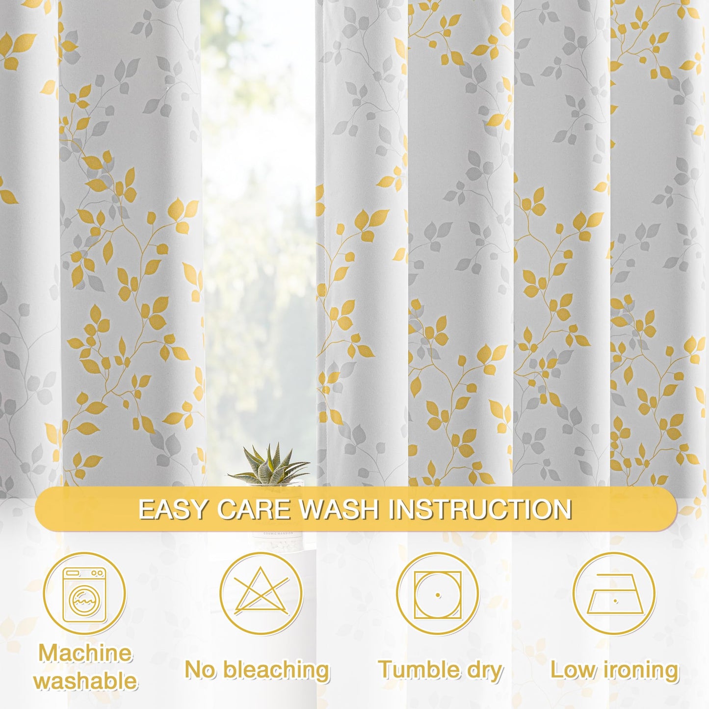 MEETSKY 95% Blackout Yellow Curtains 84 Inches Long 2 Panels Set - Leaves Printed Curtains for Living Room, Grommet Thermal Insulated Drapes, Light Blocking Window Curtain for Bedroom (52''W x 84" L)