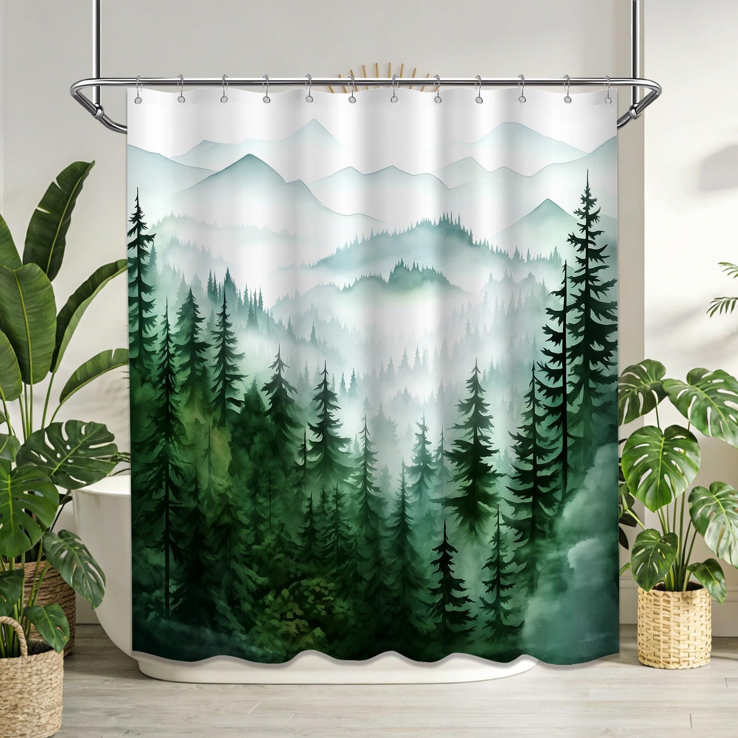 QGHOT Dark Green Forest Shower Curtain Green and White Shower Curtains for Bathroom Decor Sets, Nature Mountain Pattern, Waterproof Polyester Fabric with Hooks, 70" W x 72" L