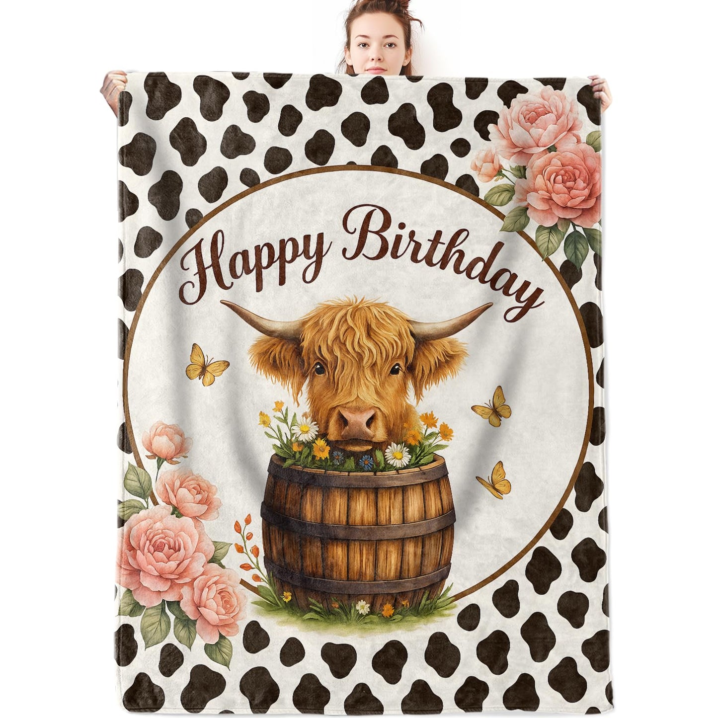 olpddz Highland Cow Flannel Blanket Birthday Gifts for Women,60x50inch,Cute Farm Theme Throw Blankets with Floral,Barrel and Butterfly,for Bedroom,Sofa,Living Room,Camping Decor Throws
