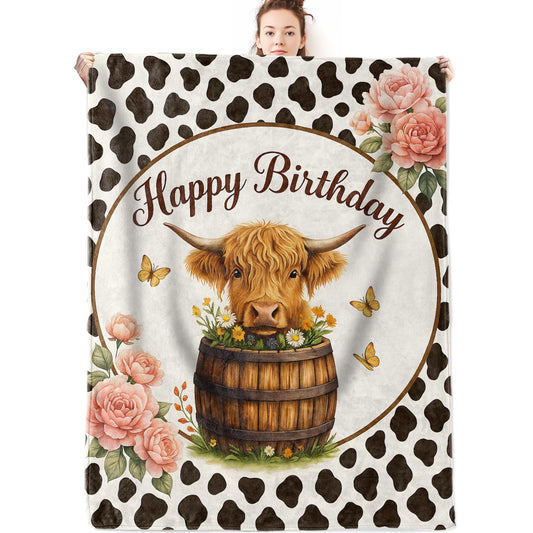 olpddz Highland Cow Flannel Blanket Birthday Gifts for Women,60x50inch,Cute Farm Theme Throw Blankets with Floral,Barrel and Butterfly,for Bedroom,Sofa,Living Room,Camping Decor Throws