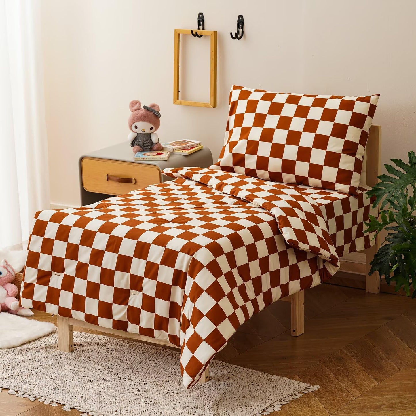 CLOTHKNOW 4Pieces Brown Plaid Toddler Bedding Sets for Boys Girls Grid Comforter, Soft Crib Bed Set Including Comforter, Flat Sheet, Fitted Sheet and Pillowcases