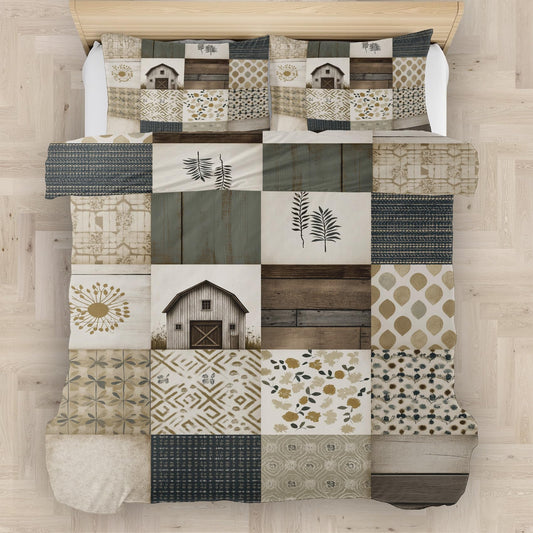 Cabin Patchwork Duvet Cover King Size Country Farmhouse Bedding, Western Vintage Comforter Cover Set Microfiber 3pcs Washed Comfy Breathable with 2 Pillow Shams & Zipper Closure, 104"x90"