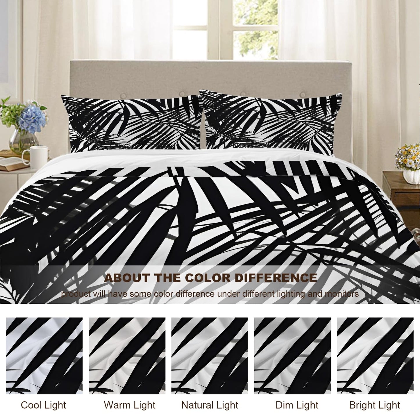 BaoNews Black White Foliage Plants 100% Cotton Duvet Cover Set Full Size, Palm Leaf Bold Lines Tropical Theme Bedding Sets Soft Comforter Cover with Zipper Closure and 2 Pillowcases(No Filler)